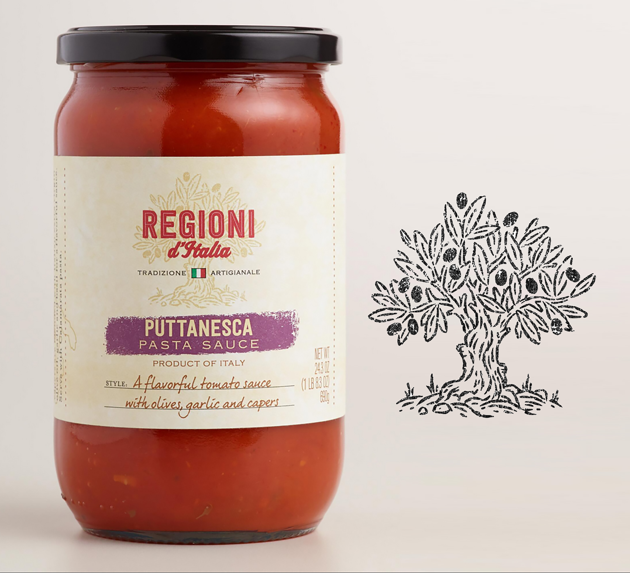 Rustic olive tree logo for World Market Regioni d'Italia pasta and sauce  packaging.  
