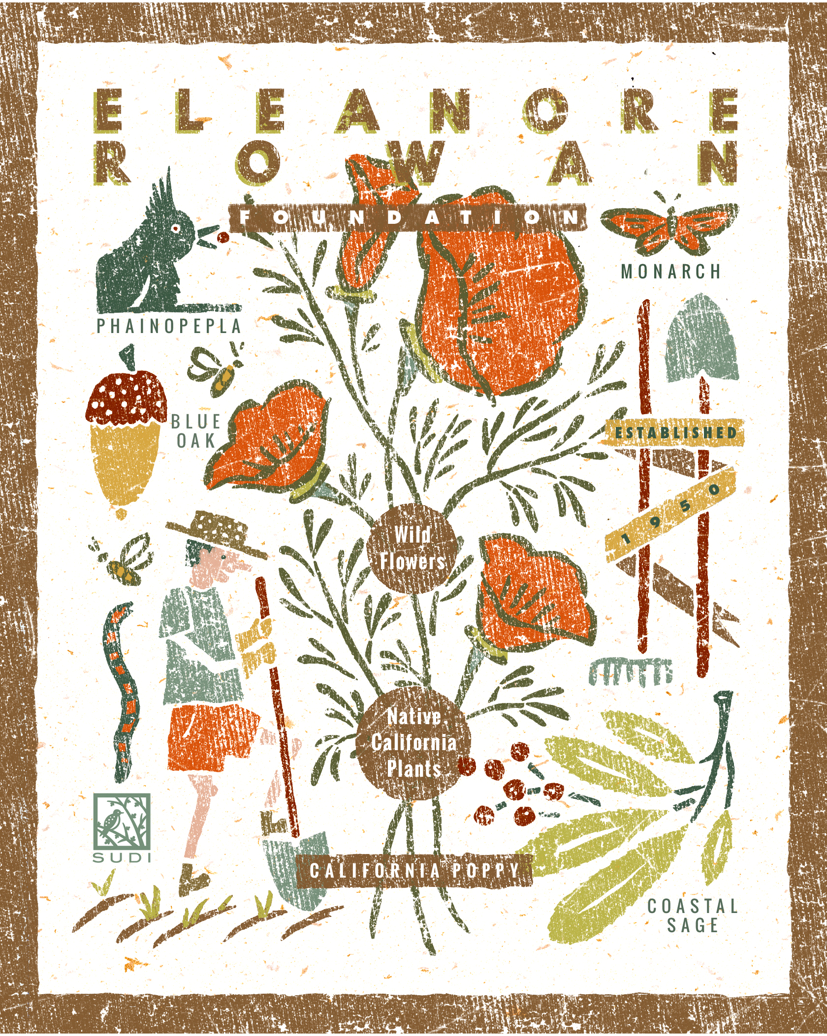Environmentally-related poster for nursery for California native plants and wild flowers. Idea is that planting natives and wildflowers creates habitat for wildlife. 
