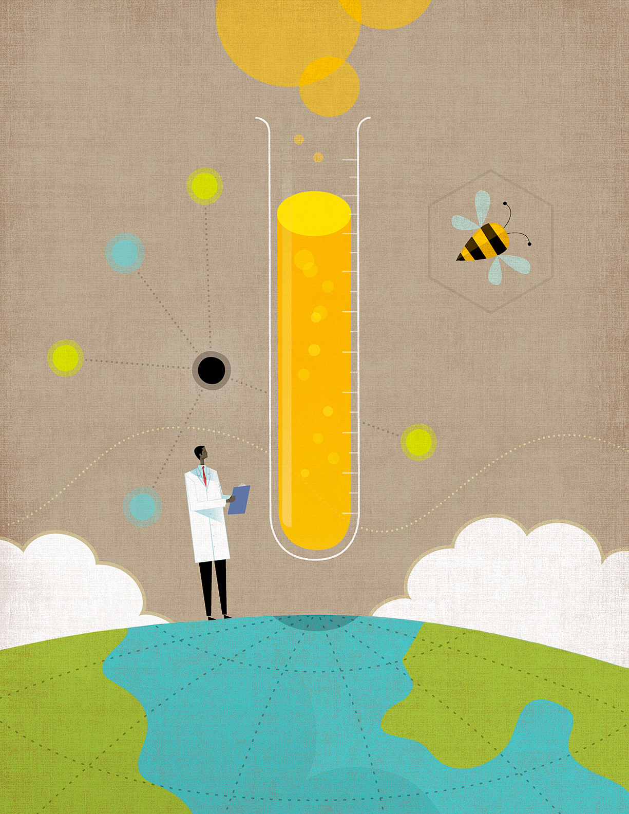 Man scientist with clipboard standing on globe with hovering test tube containing yellow liquid. Molecular diagrams in background.
