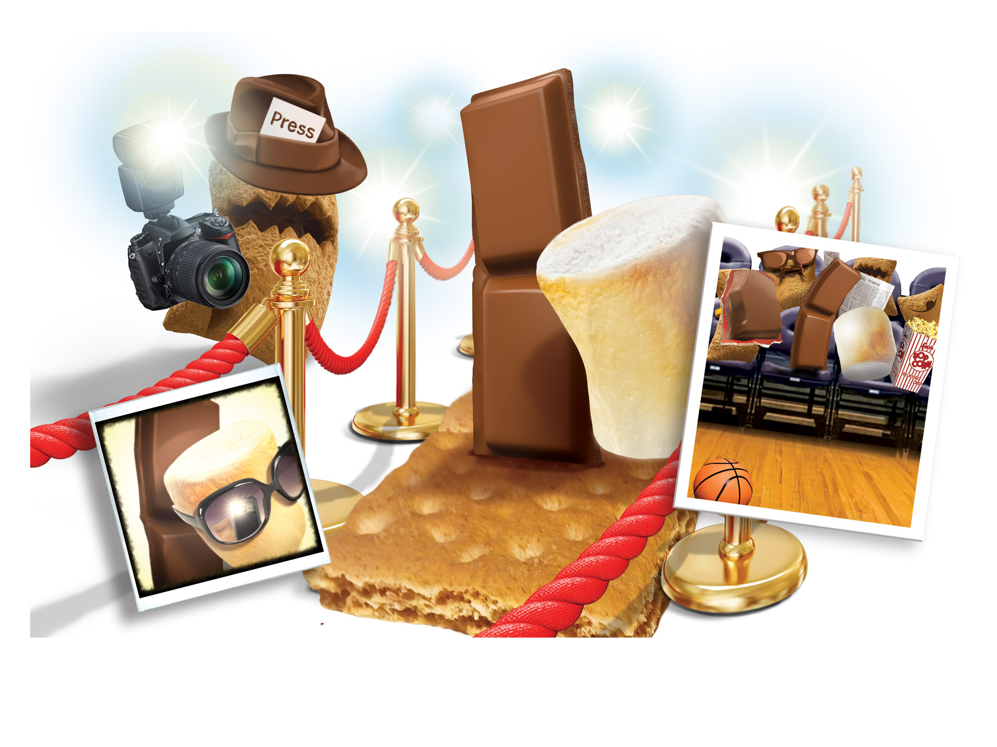 Krave cereal illustrations depicting the good like, red carpet, court side basketball seats, paparazzi and selfies.
