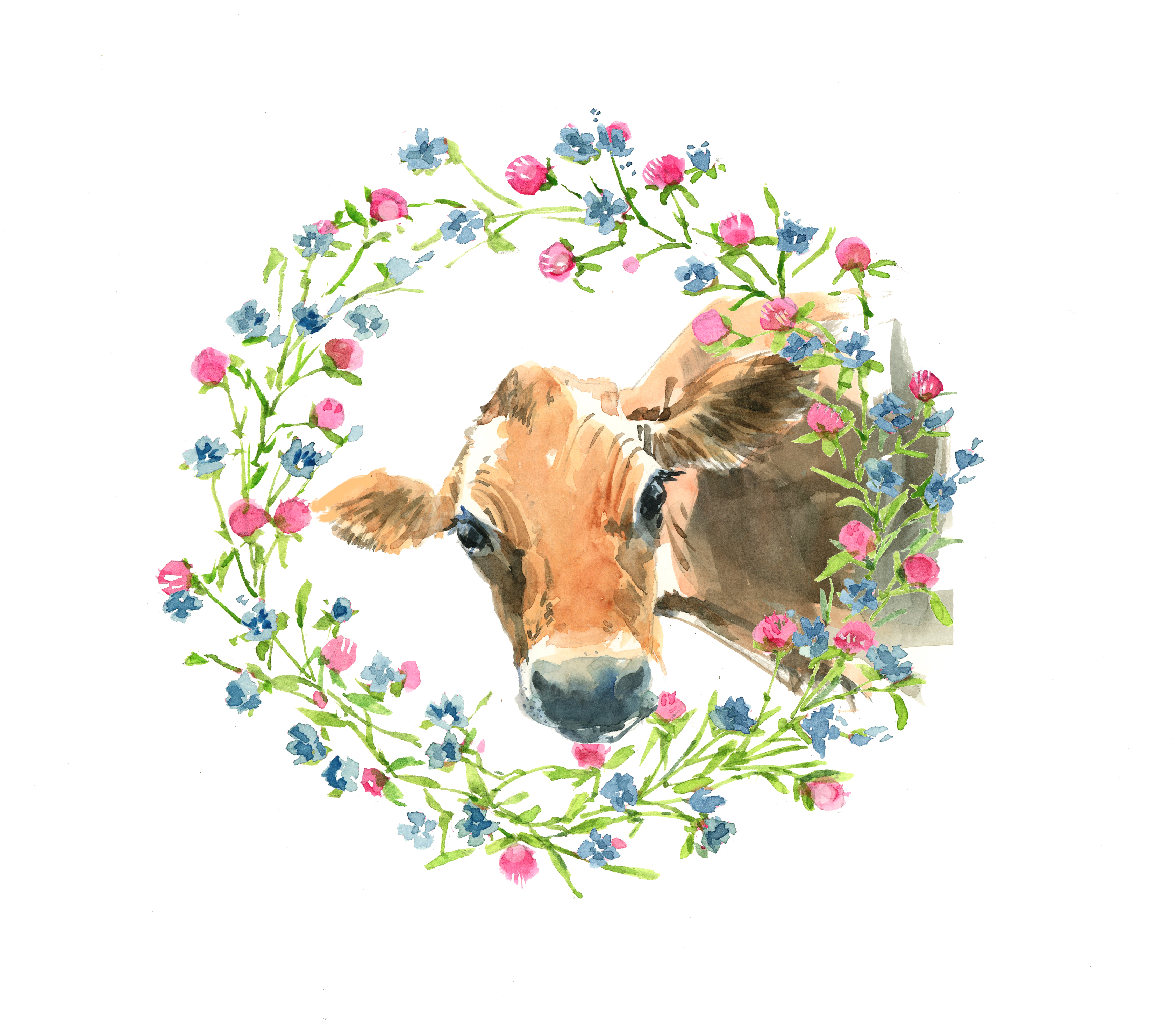 Calf in garland of flowers done in watercolor