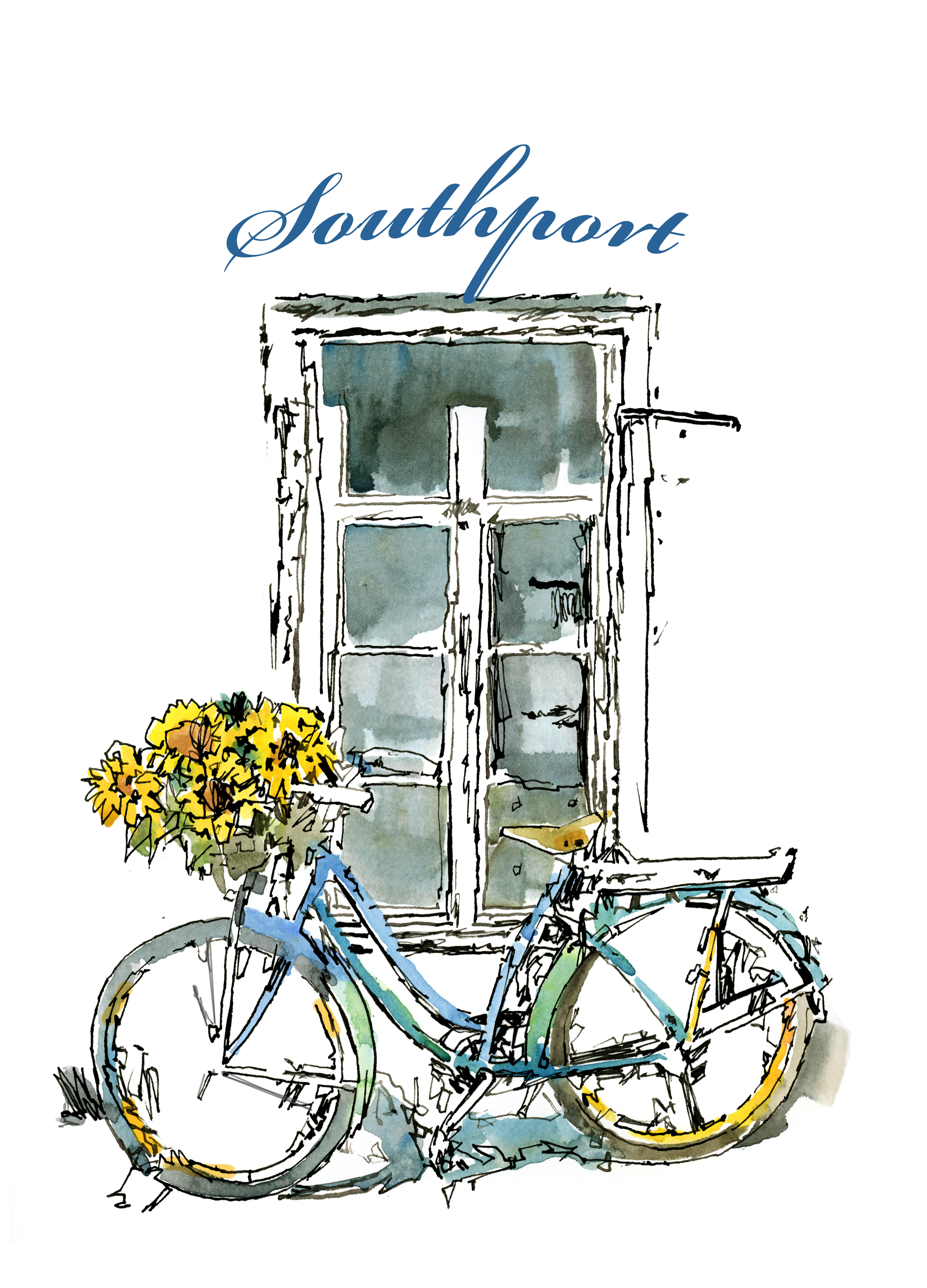Bicycle with a basket of sunflowers parked in front of an antique window using pen and ink and watercolor