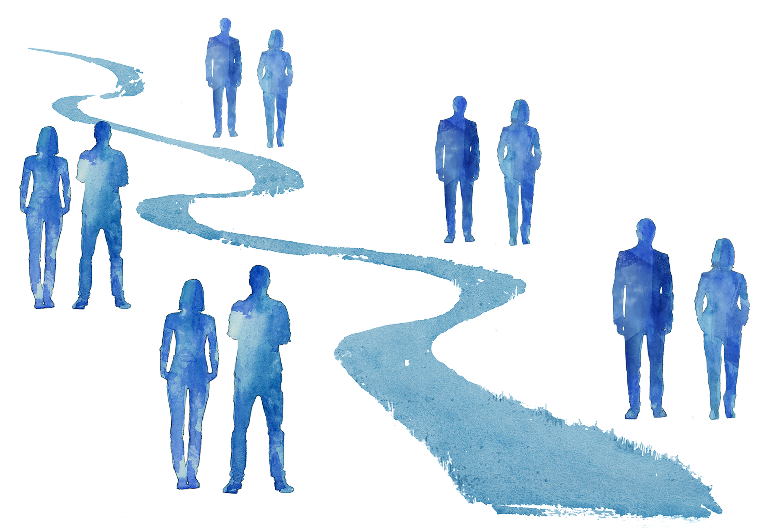 People painted in silhouette/watercolor on medical path using watercolor for medical brochure for Bristol Meyers