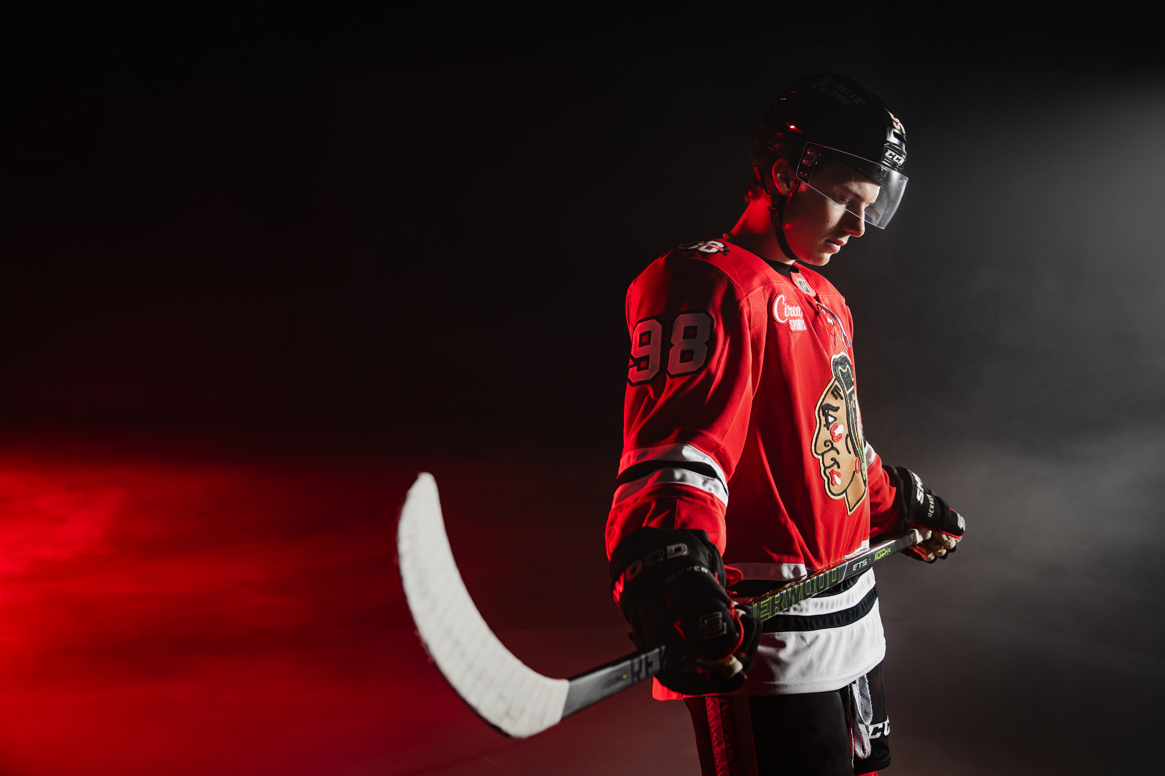 Chicago Blackhawks player Connor Bedard with Sherwood hockey stick