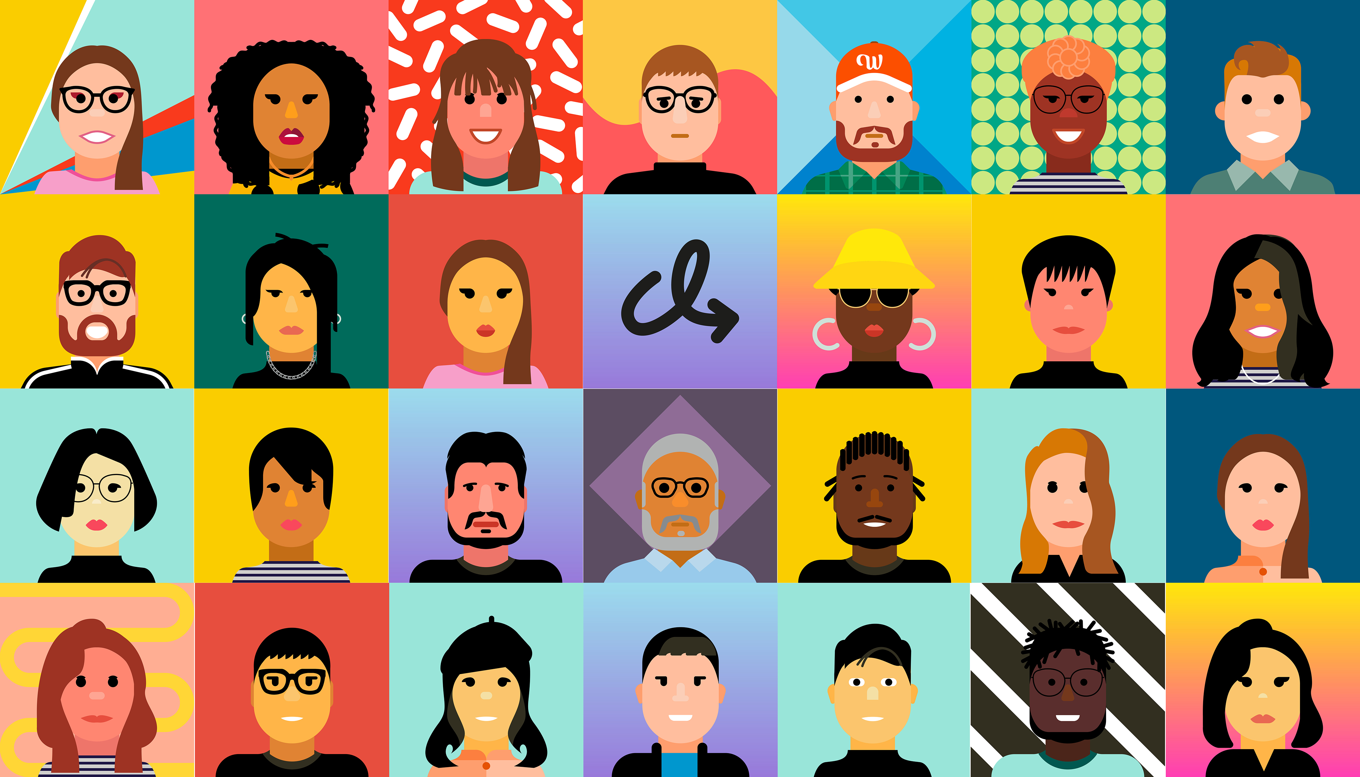 Ben The Illustrator was commissioned by Adobe to create a library of avatar assets for participants of the virtual design festival to make their own portrait.
