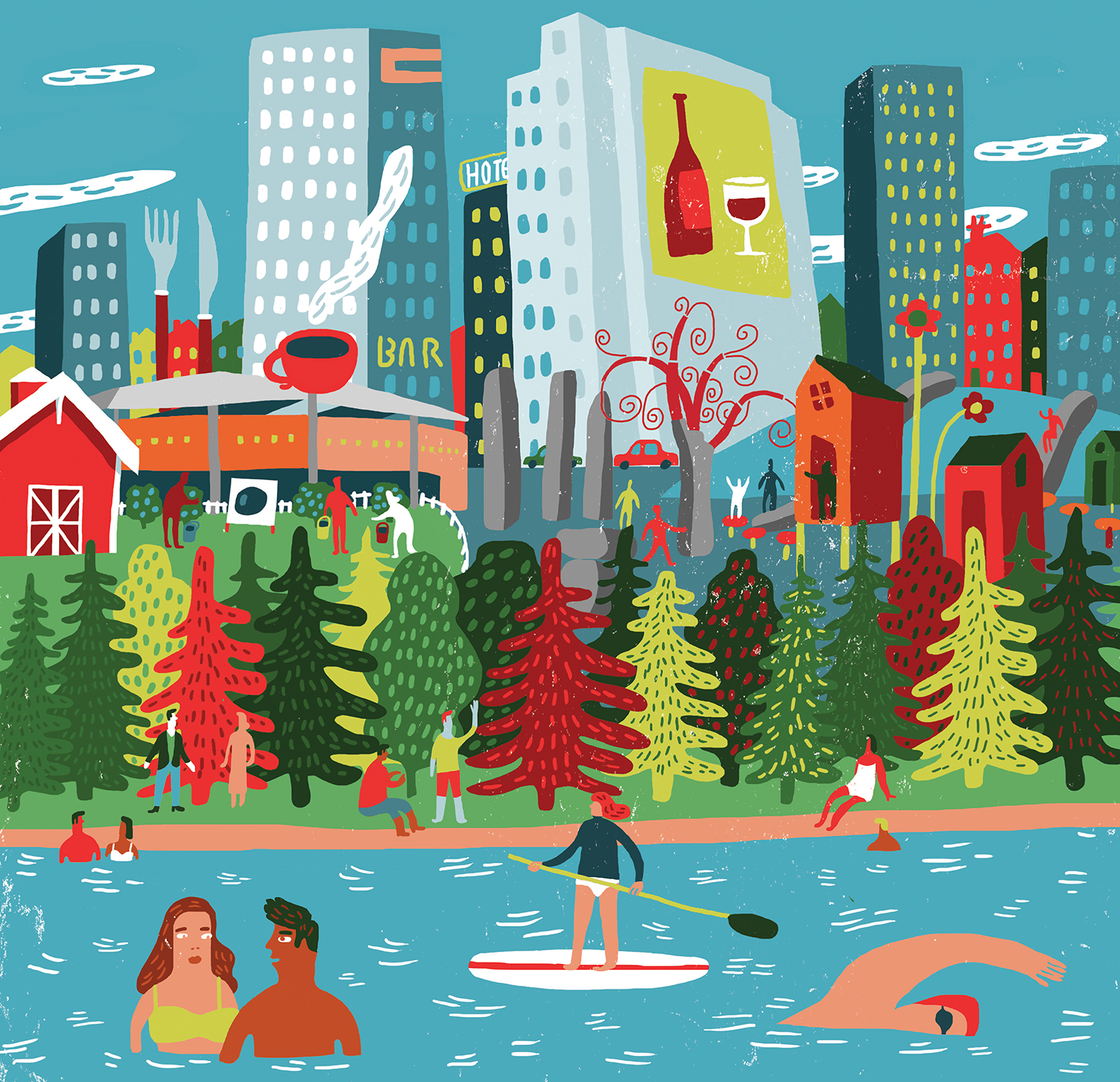 Editorial illustration depicting a urban holiday scene.