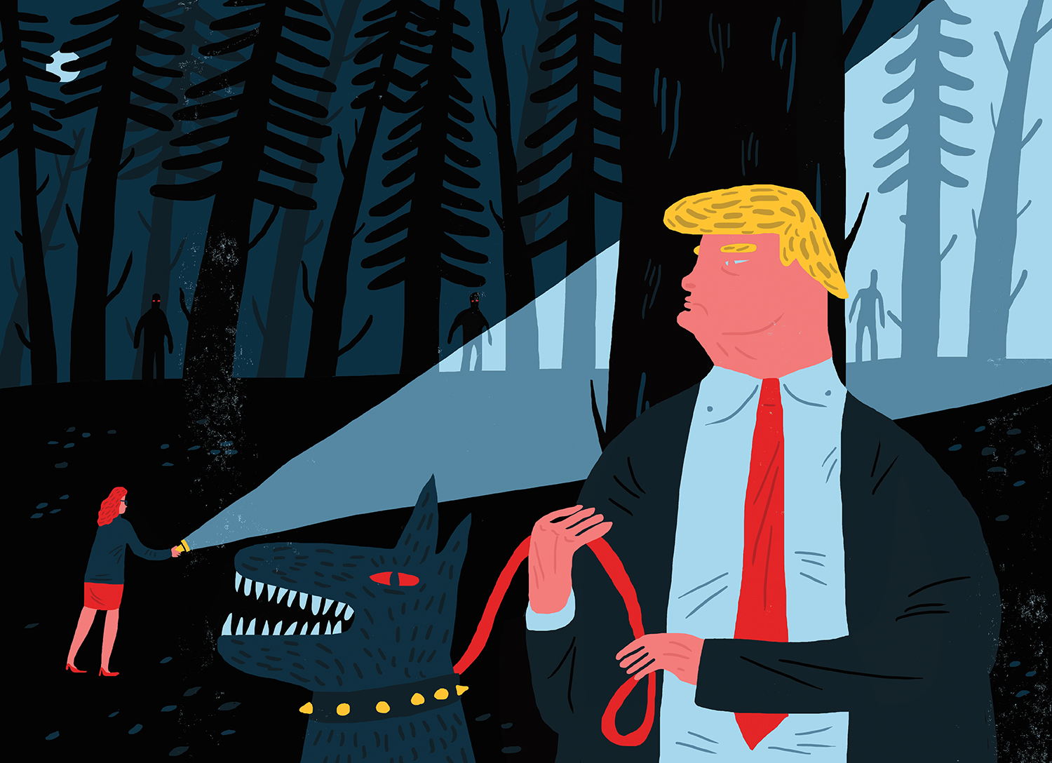 Editorial illustration depicting Donald Trump cracking down on press freedom and freedom of speech.