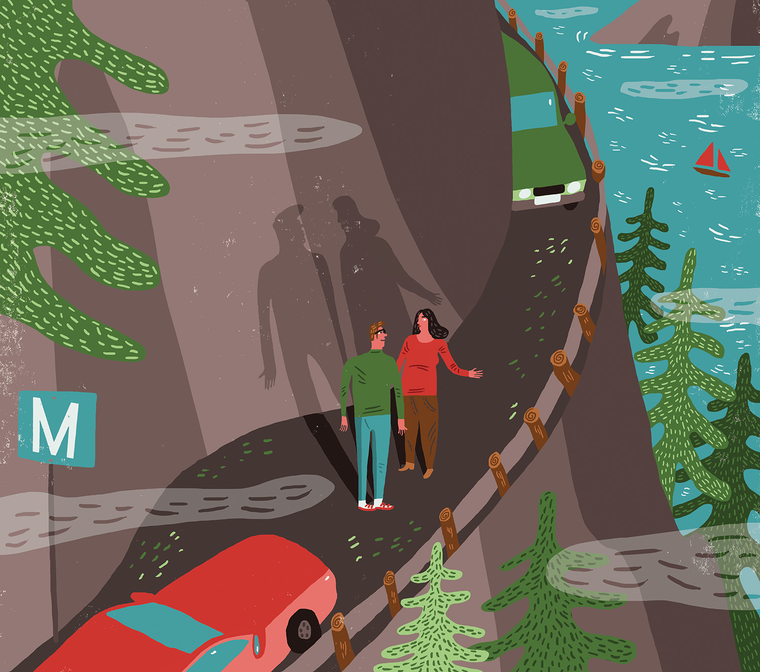 Editorial illustration depicting a chance meeting in a lay-by.
