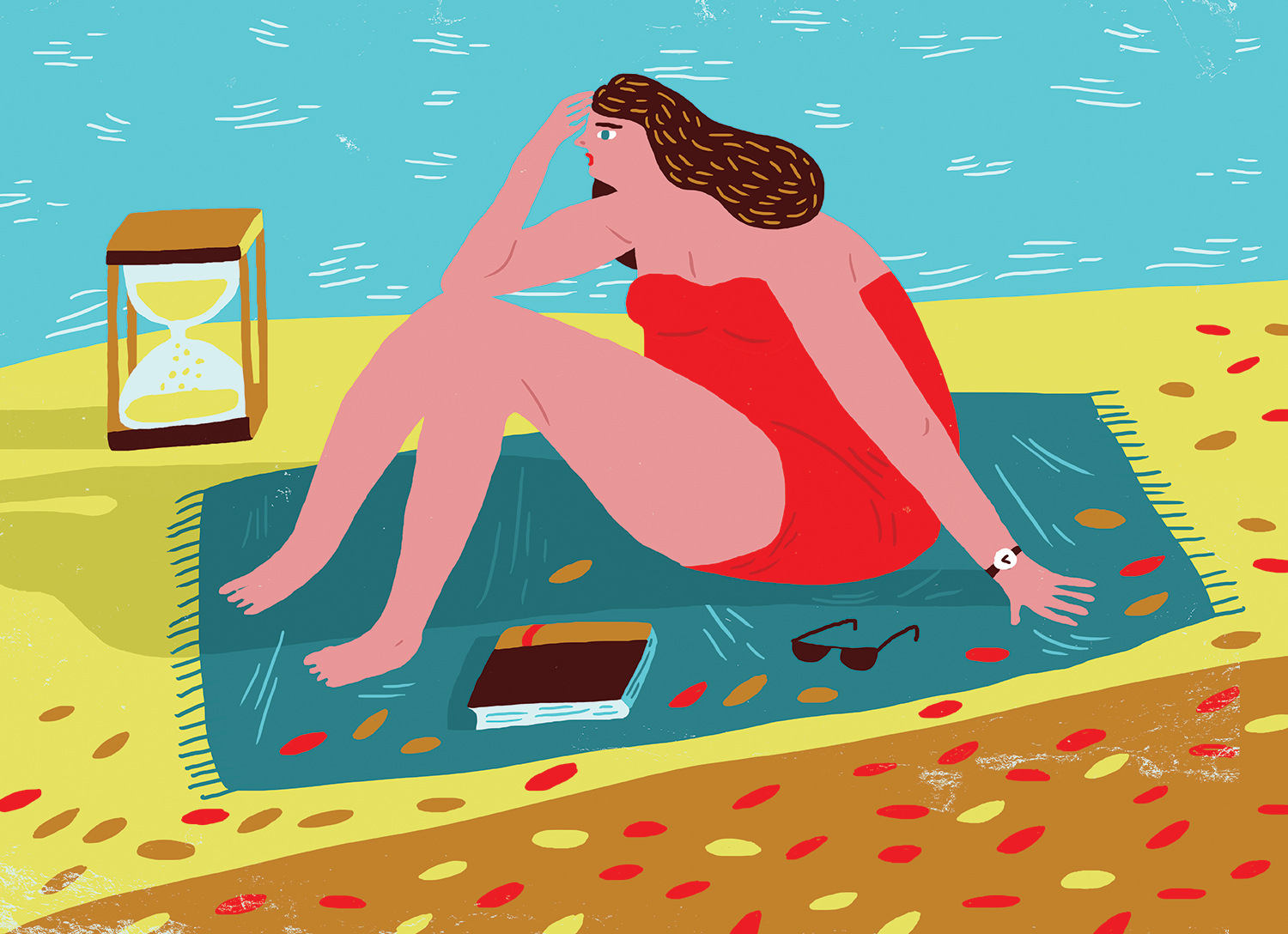 Editorial illustration depicting a woman sunbathing