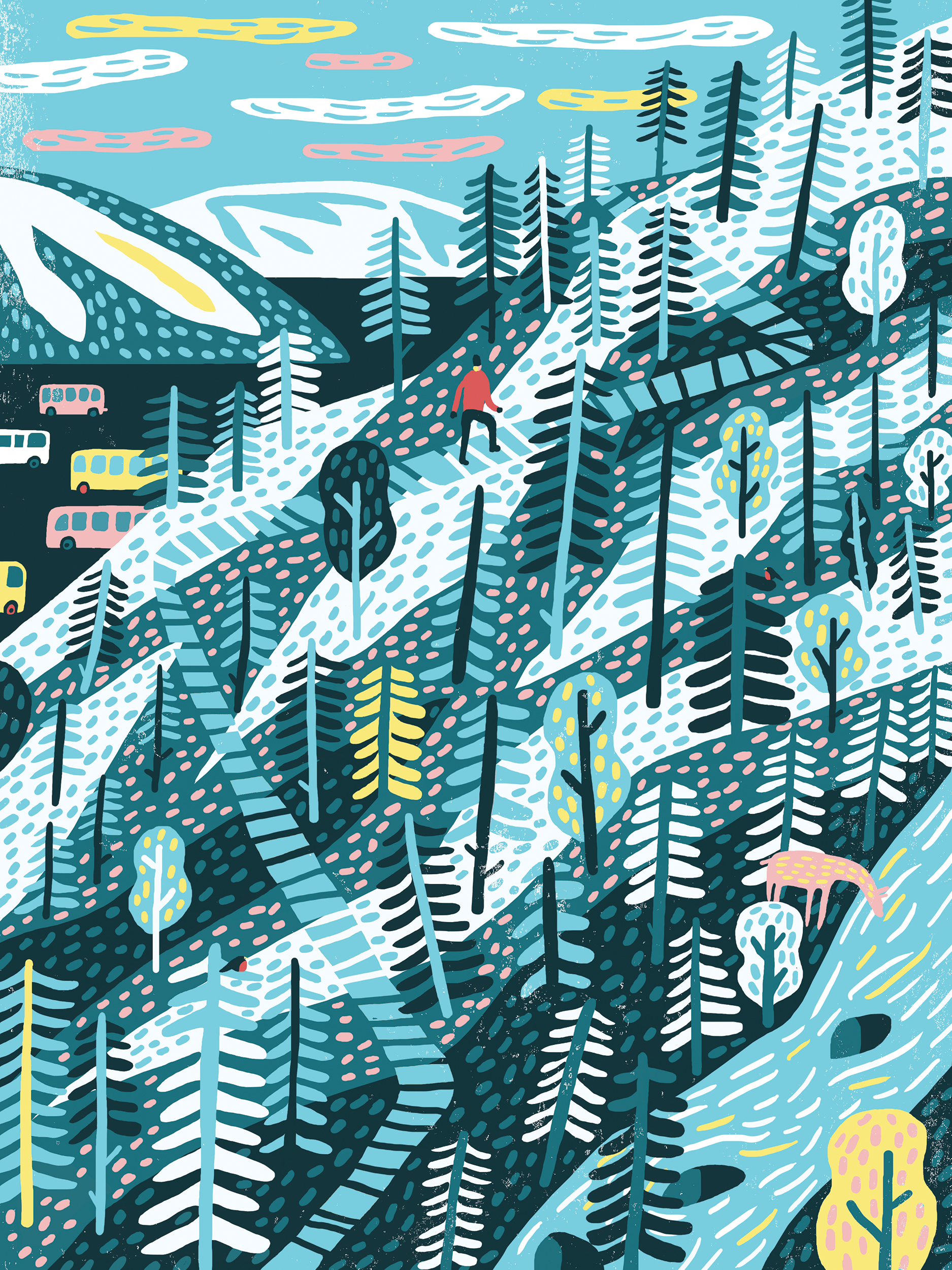 Editorial illustration depicting hill walking in a wintry landscape.