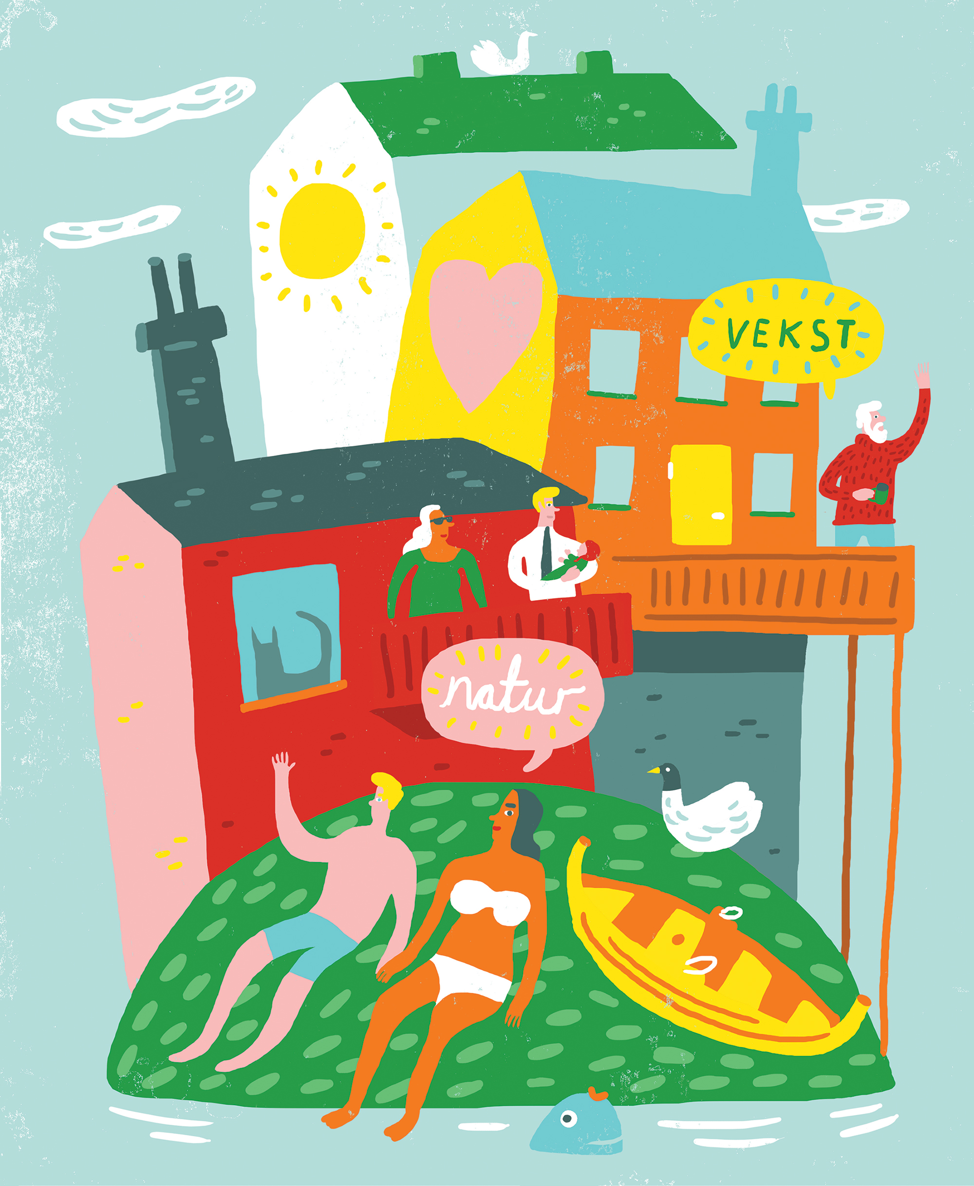 Editorial illustration depicting people relaxing on an island.