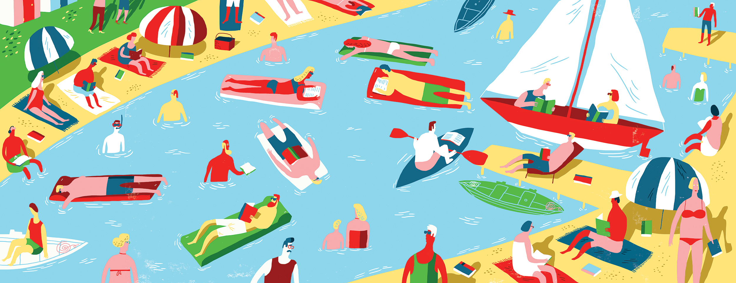 Double page review illustration showing people enjoying reading during the summer holidays.

Client: The Observer