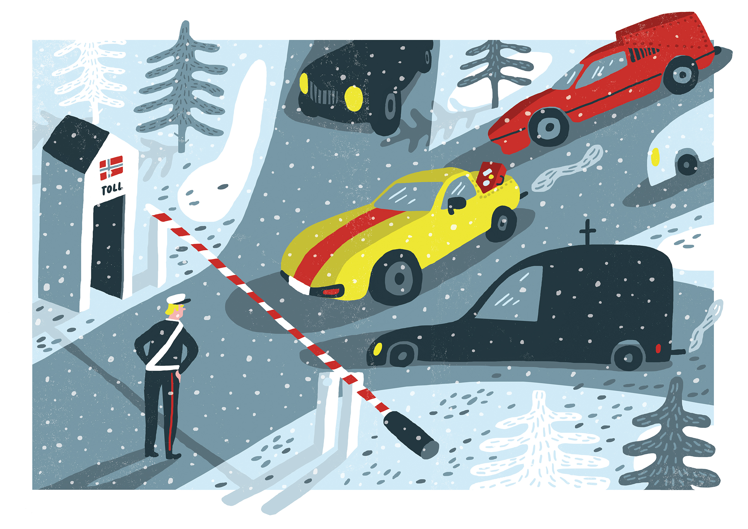 Editorial illustration depicting people customizing cars to avoid import taxes.