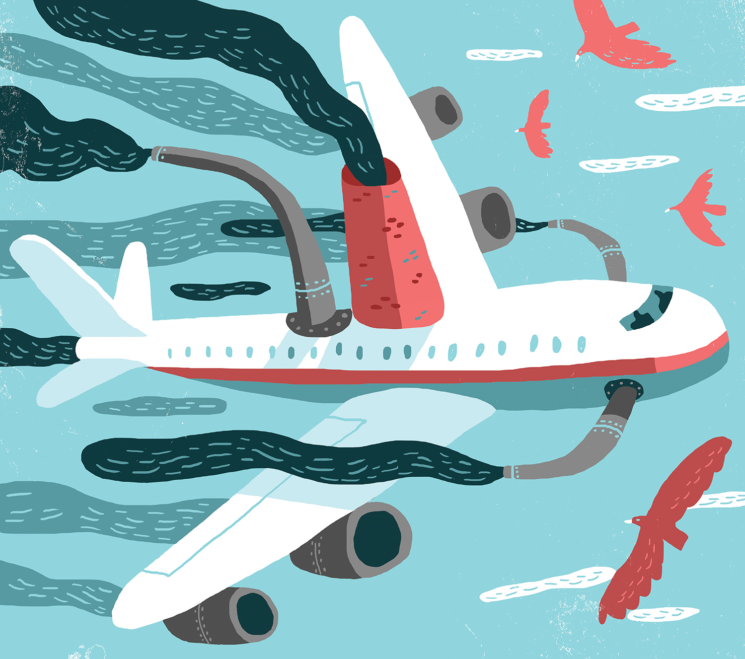 Editorial illustration showing a passenger airliner polluting the air.