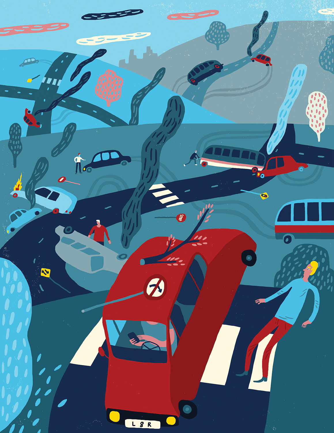 Editorial illustration showing a driver texting while driving.