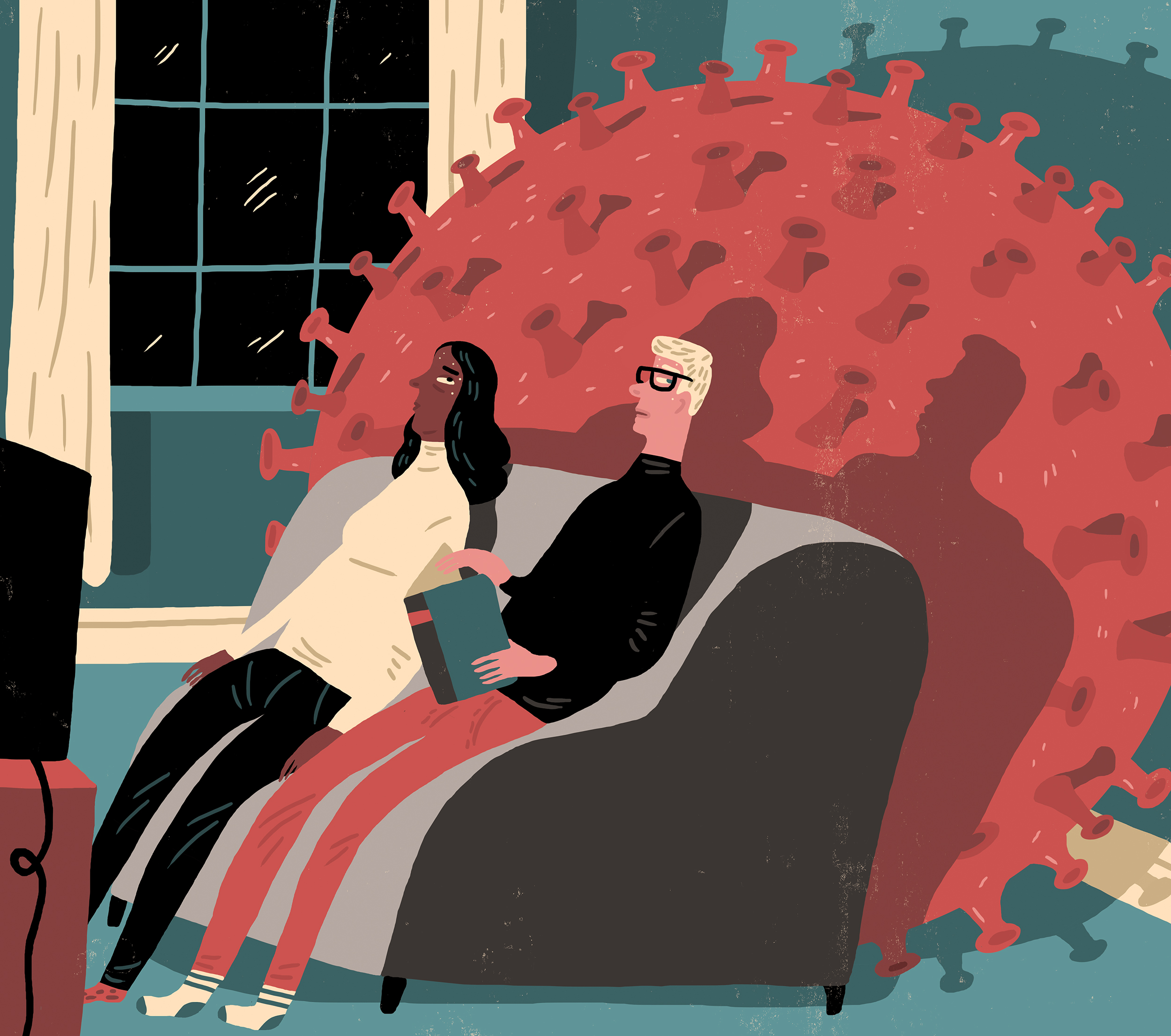 Editorial illustration depicting Corona virus fear