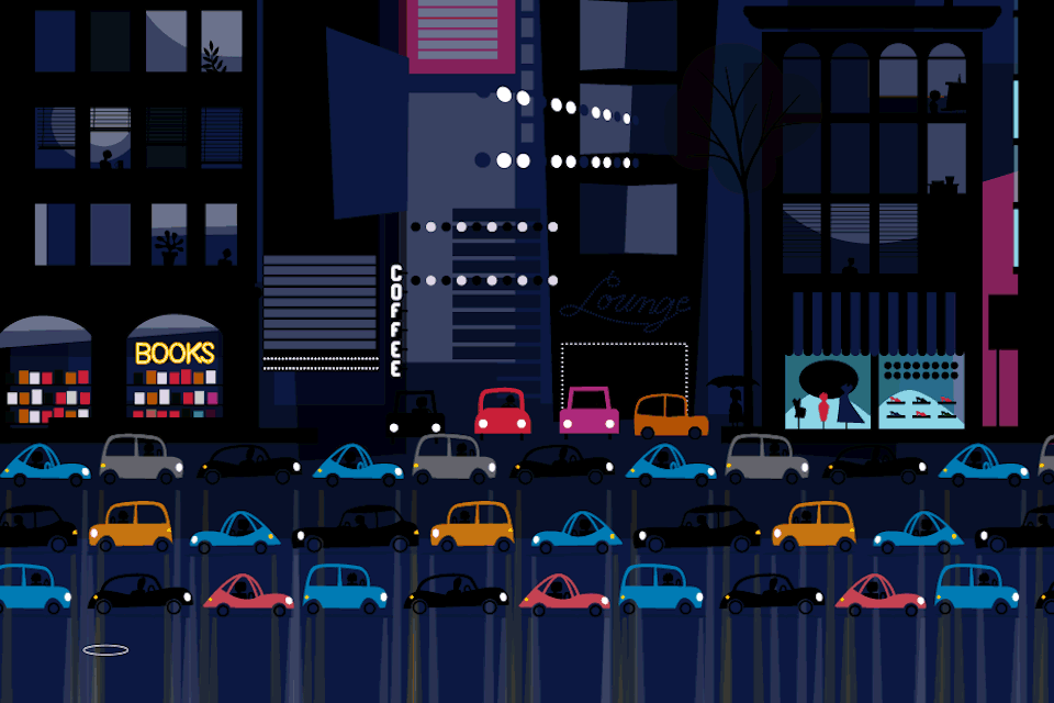 Rainy cityscape at night.