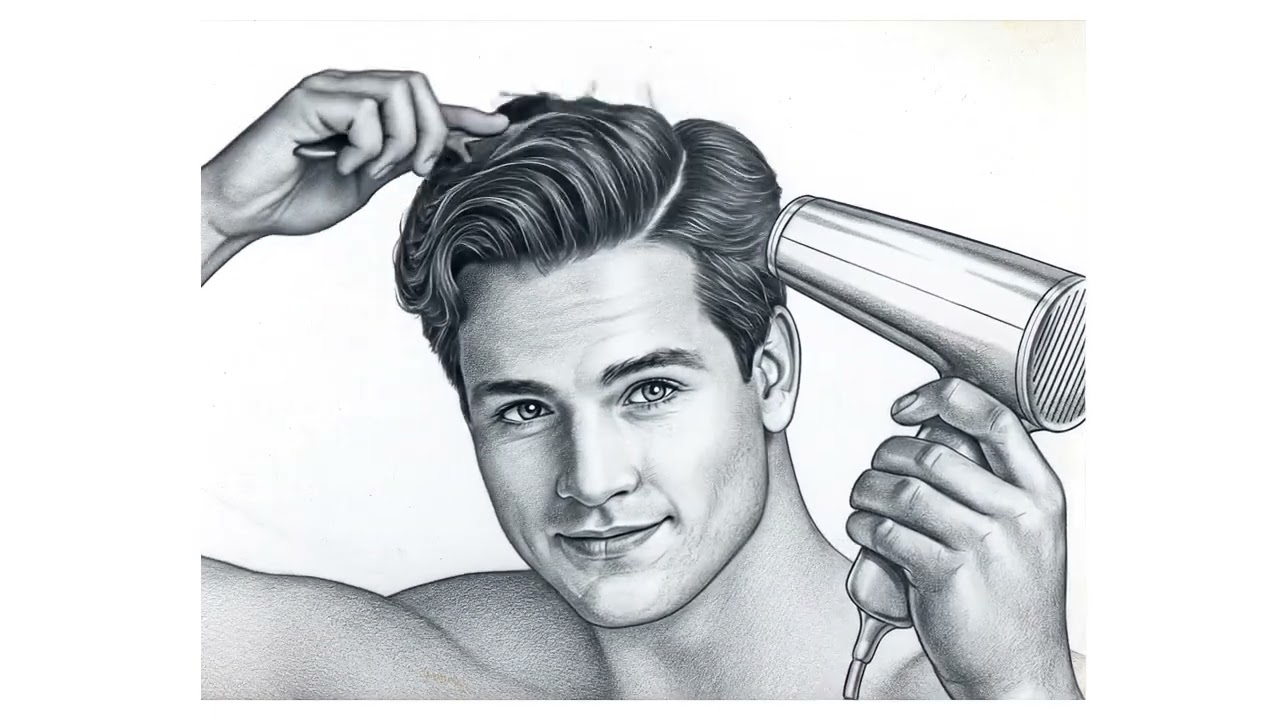 Pencil drawing created for Men's hairproduct animated.