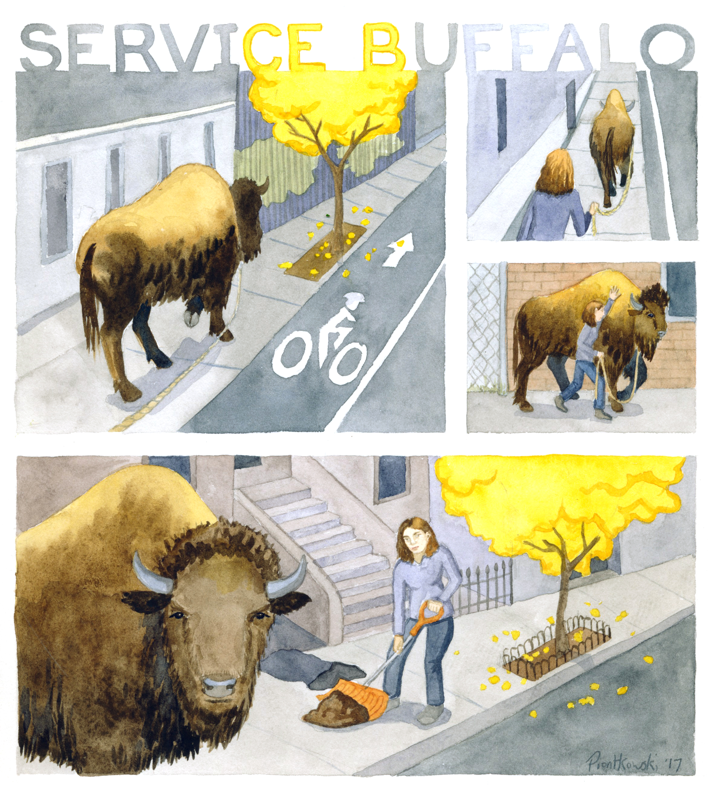 Short comic I made imagining a woman in NYC who has a service buffalo instead of a service dog. 