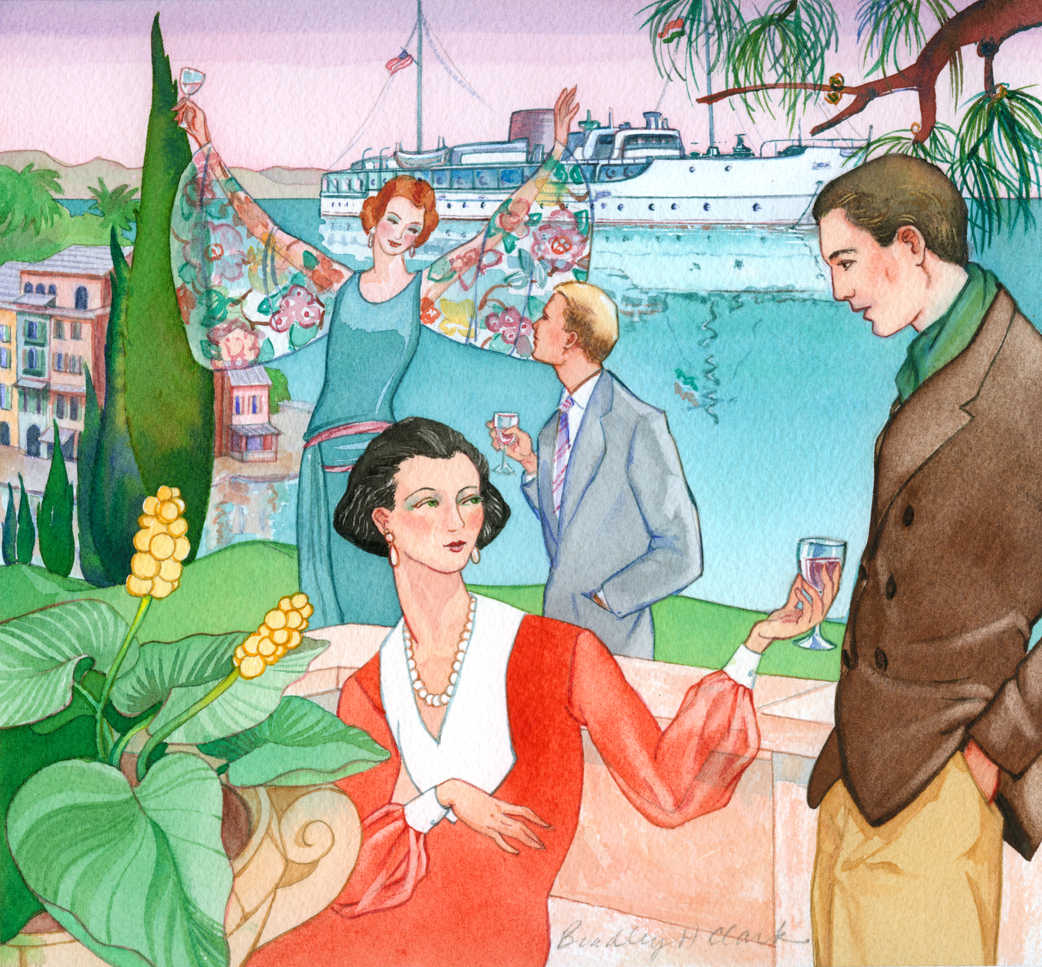 Elegant Art Deco couples at seaside resort.