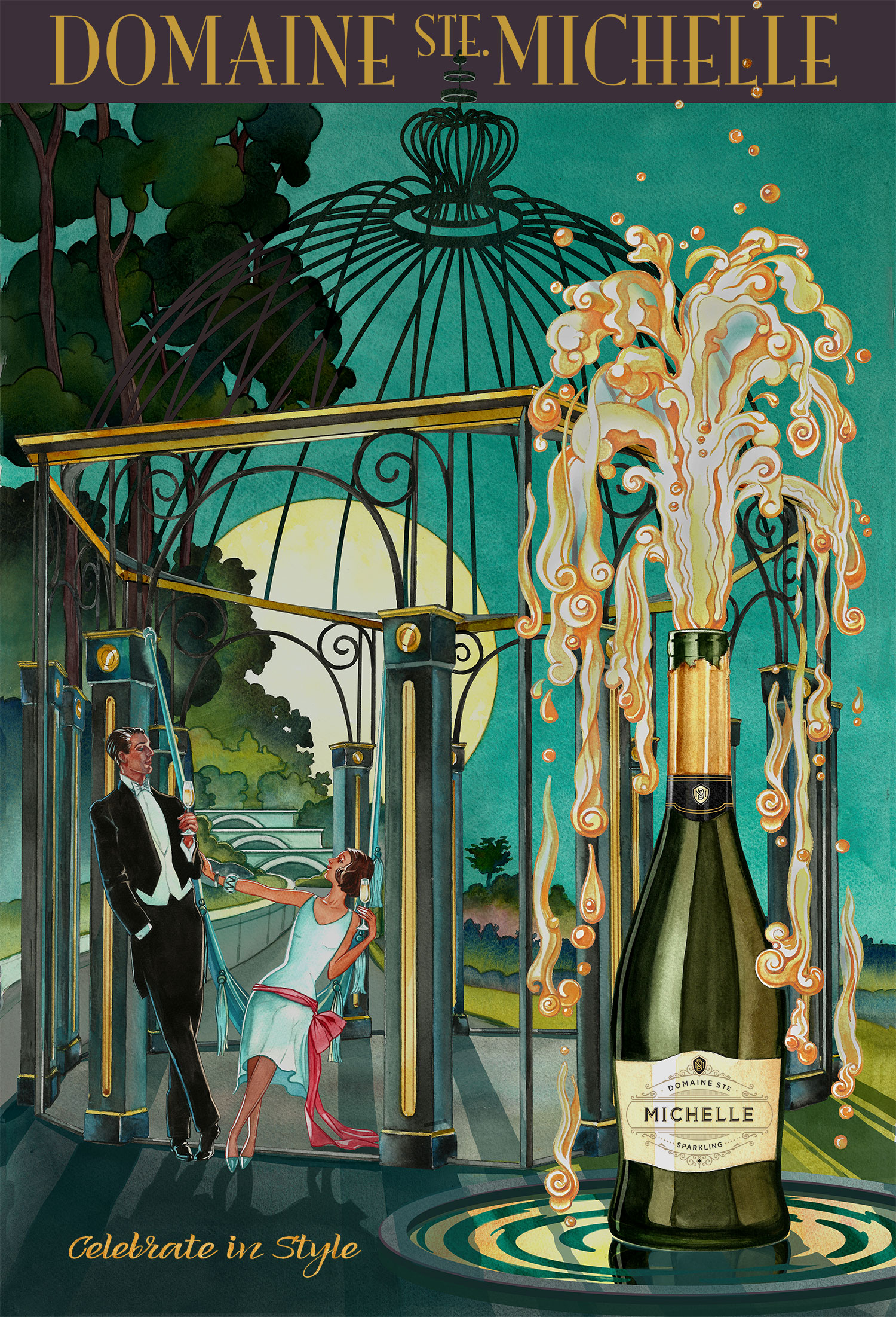 Formal couple relaxing in a gazebo and celebrating with champagne. promotion, campaign, winery, wine, people, standing, woods, night, gentleman, lady, woman, sophisticated, Vogue, stylized, 1920's, 1930's, style, fashionable, period, nostalgia, figurative, glamour, romantic, moderne, dress, sash, pop, cork, fountain, sparkling, bubbly, spray, gown, tuxedo, moonlight, moon, event poster. elegant, Art Deco, retro, figures, conversation, love, flirting