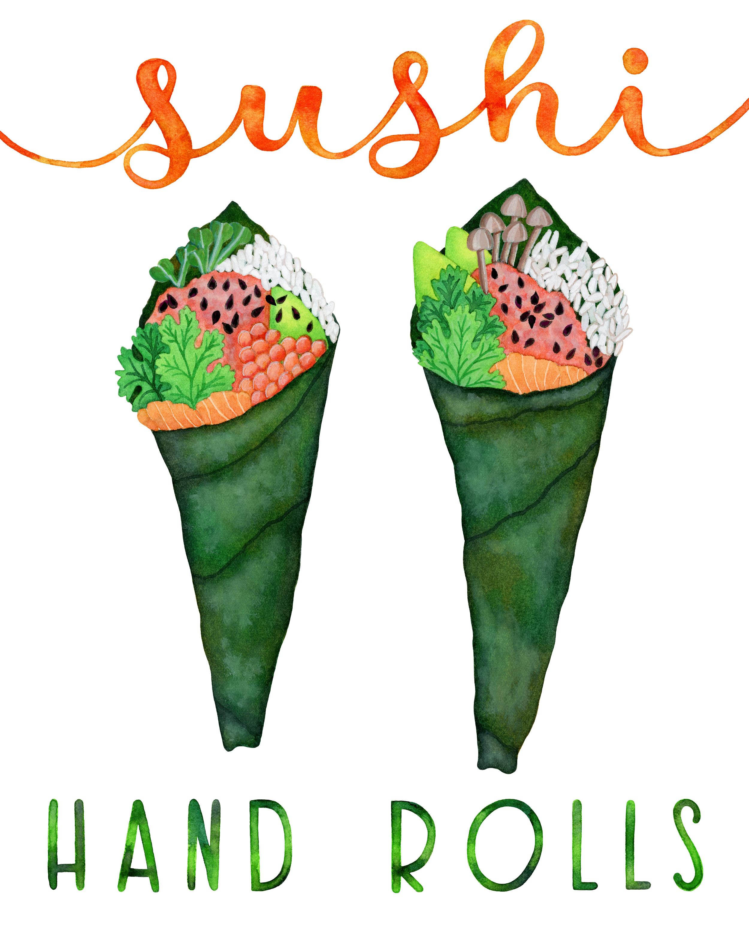 hand lettered and painted watercolor sushi illustration 