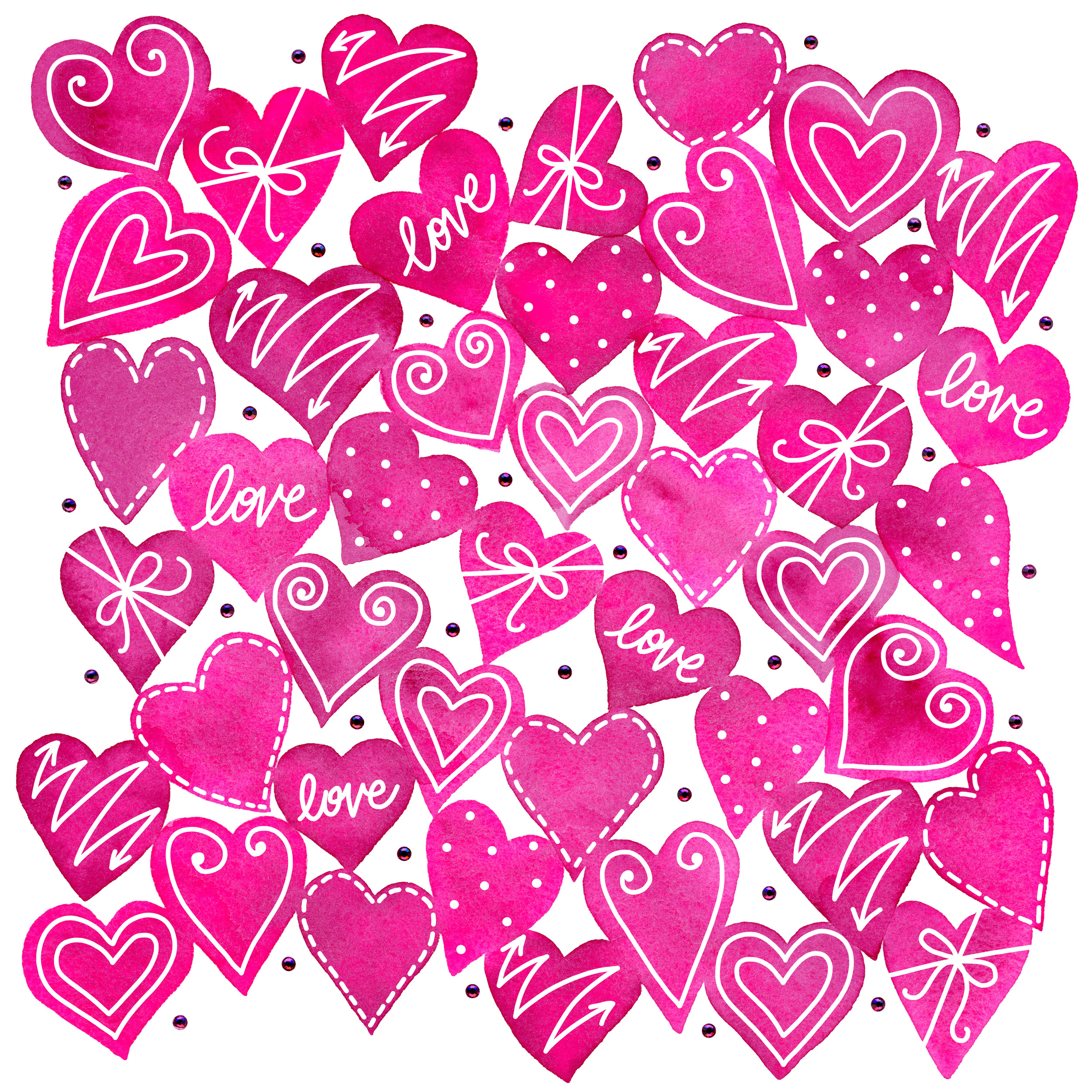 hand painted and lettered watercolor heart illustration with swarovski crystals