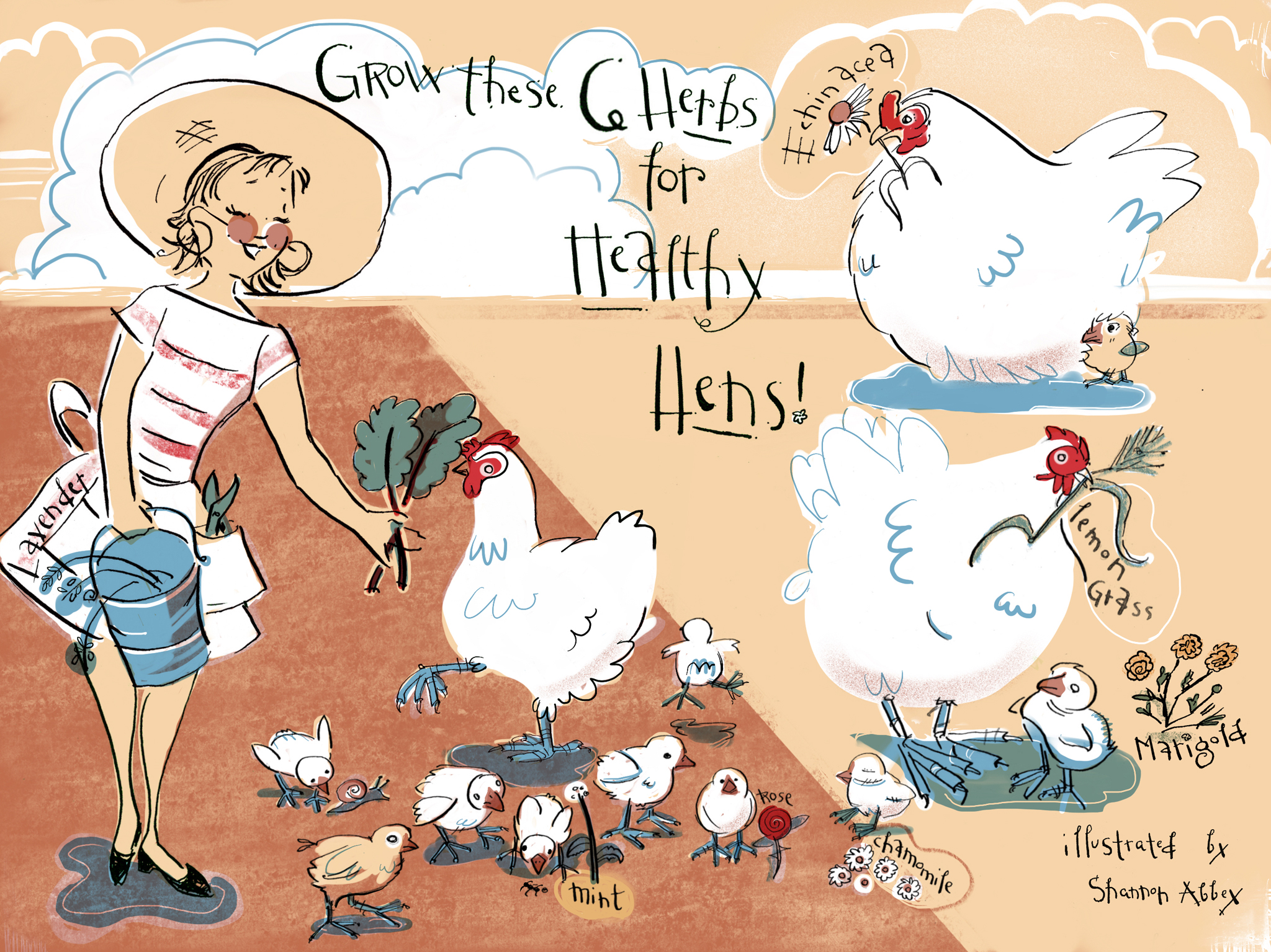 A mid-century gal gardens and raises hens for fresh eggs. Whimsical pen and ink, digital color