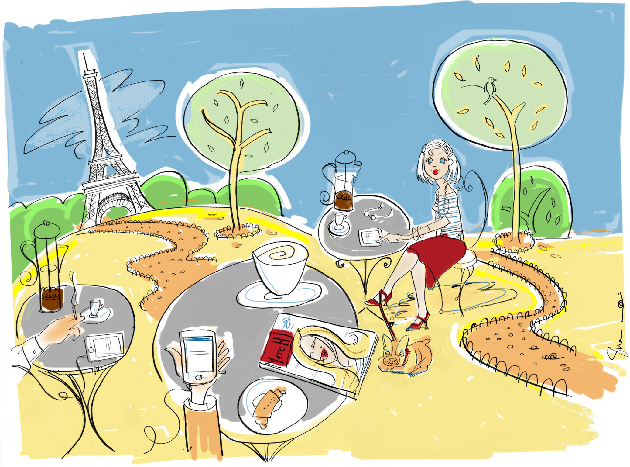Whimsical lifestyle illustration showing woman relaxing in Paris park with Eiffel Tower in the background. Medium: Pen and ink with color.
