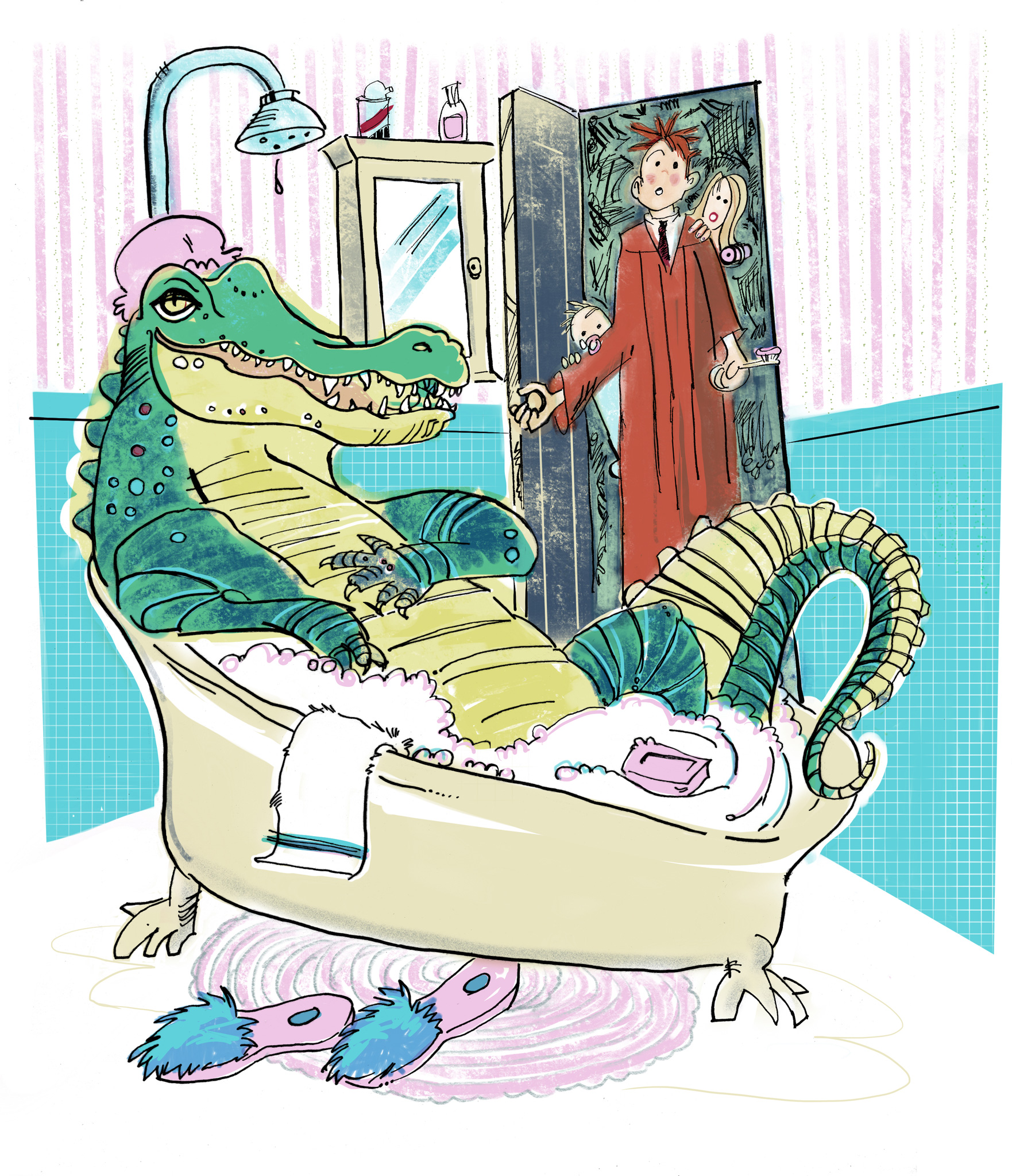 Humorous vintage crocodile in the judges bathroom. 
Article: 'The Unconstitutionality of Electing State Judges', the Verdict Magazine.
Art Director: Pete McDonnell
pen and ink and digital color