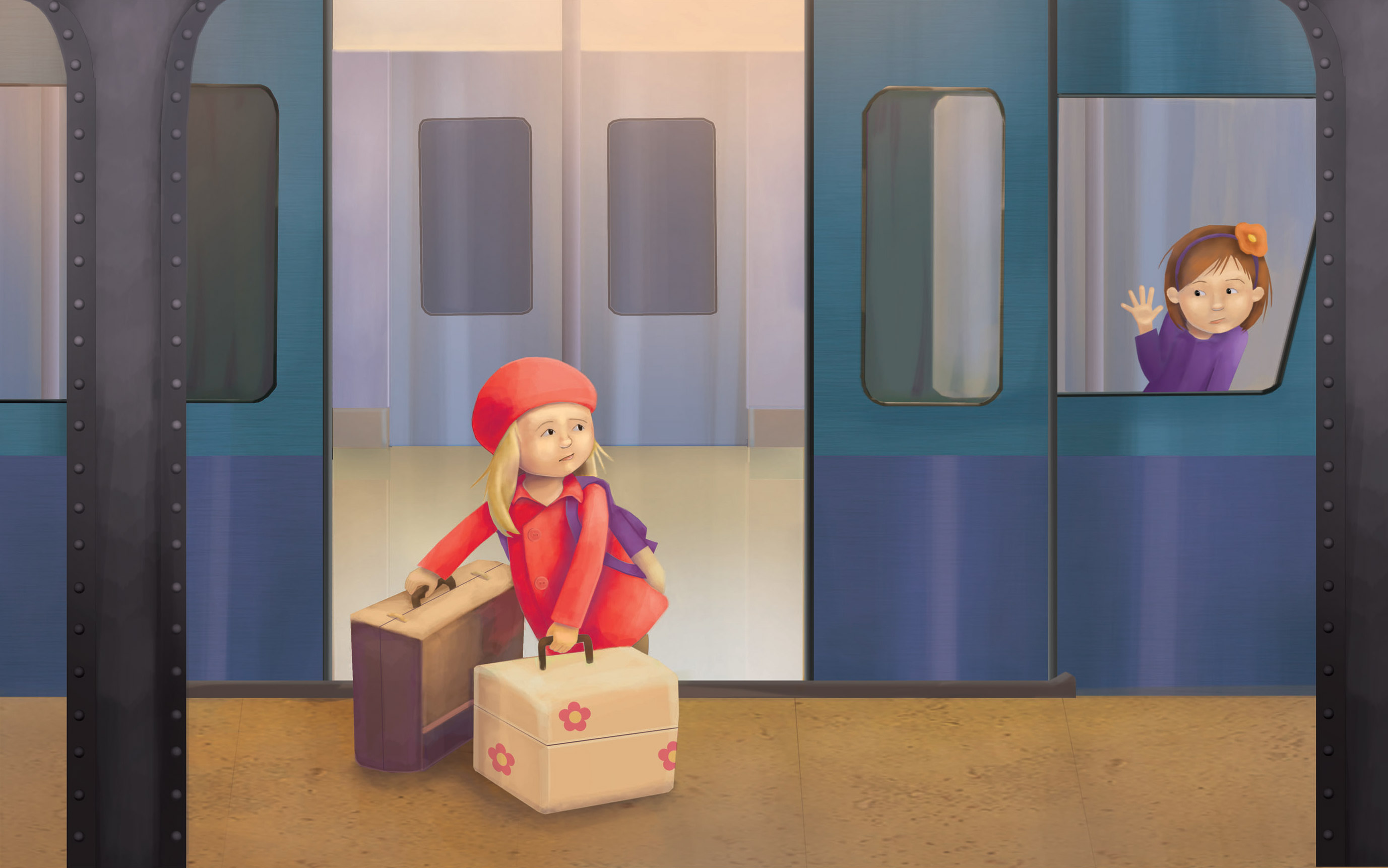 Two girl friends depart each other at the subway. 