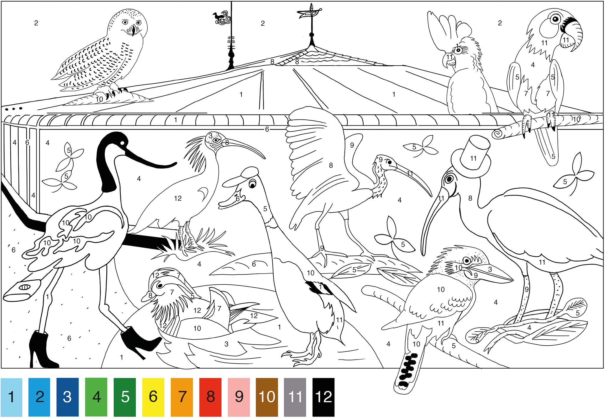 Art project and exhibition for Art Cube Cham. Birdhouse for coloring. Many fashionable birds dressed with hat and shoes. For example: kingfisher, duck, owl, wading bird.