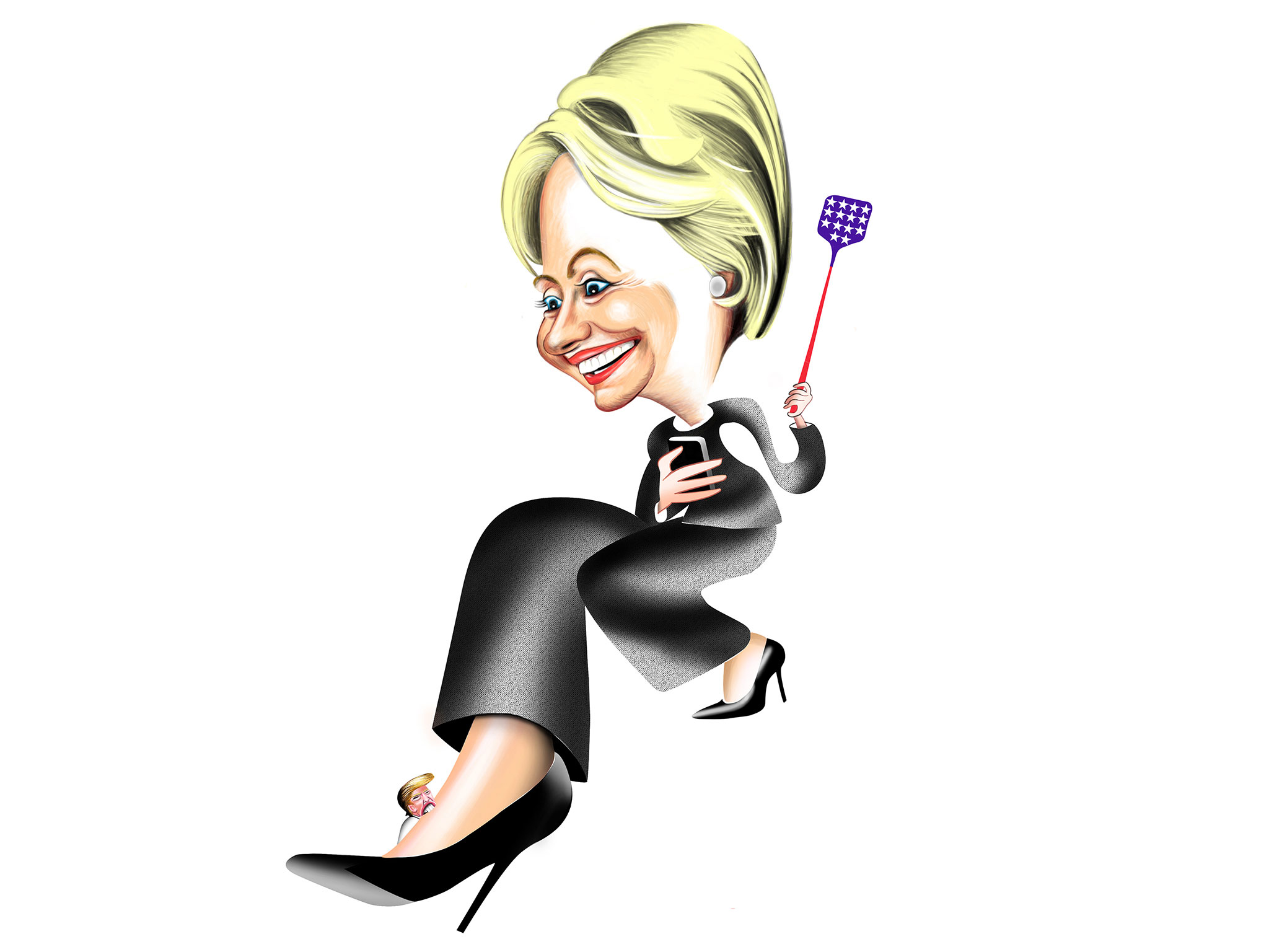 Humorous editorial illustration of 2016 presidential campaign showing Hillary Clinton trying to swat Donald Trump with a fly swatter.