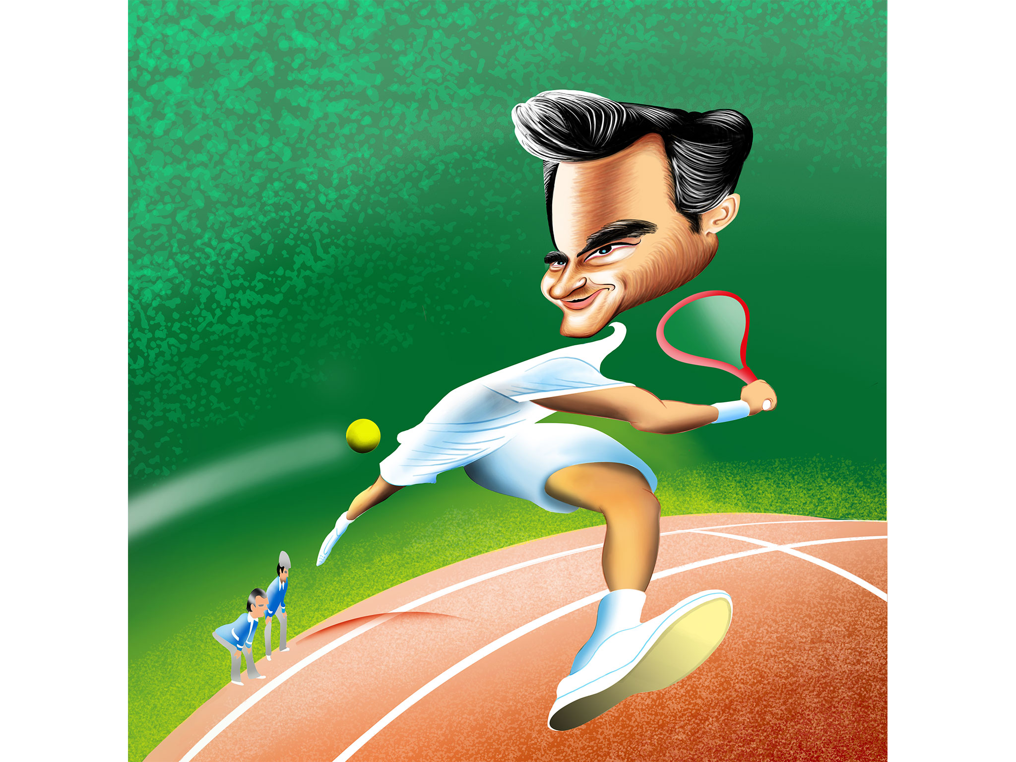 Caricature illustration of professional tennis player, Roger Federer. Linesman watching the game.