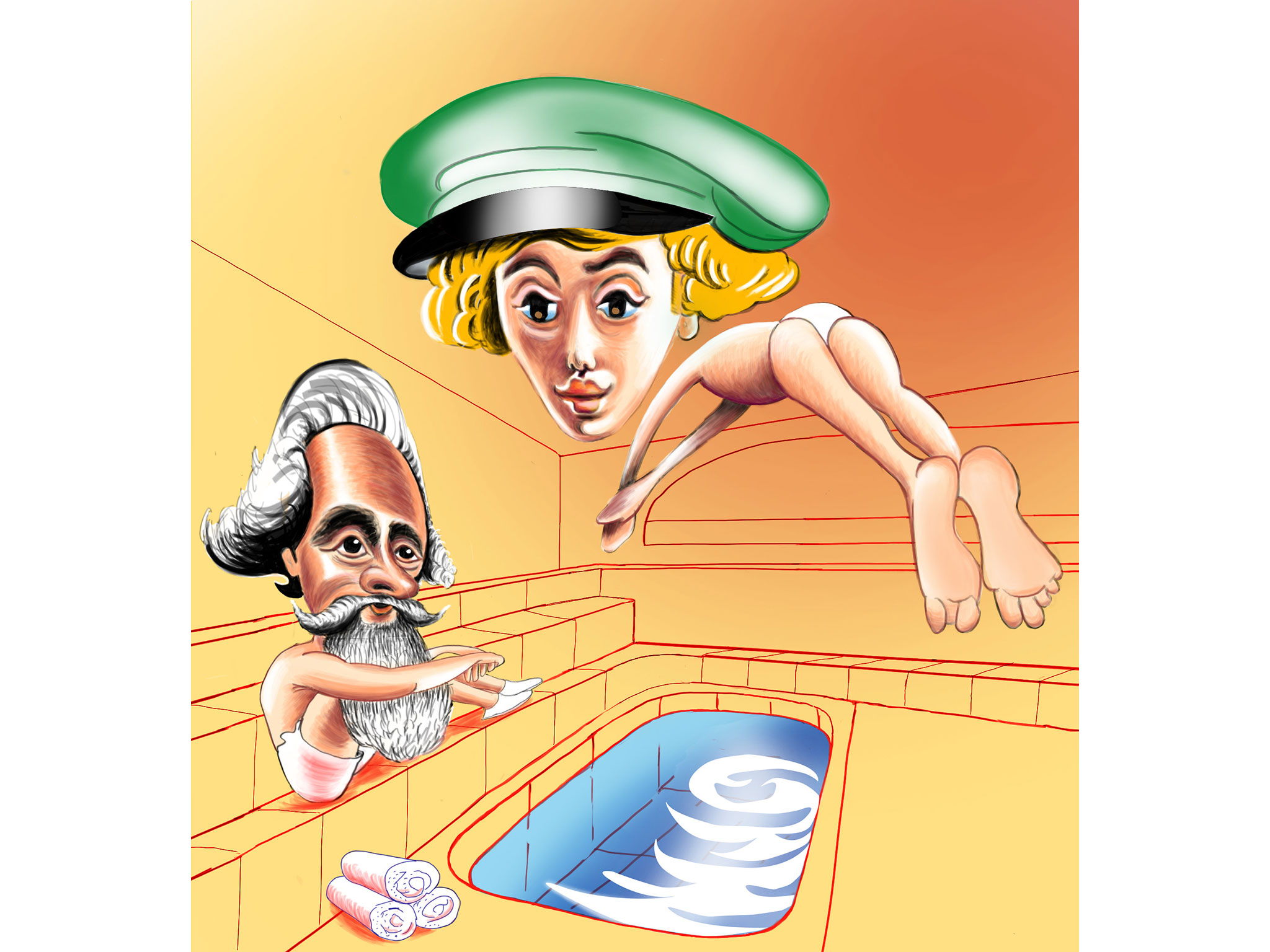 Athletic editorial illustration.
Charles Dickens in the Roman bath. David Copperfield taking a plunge in the the cold bath.