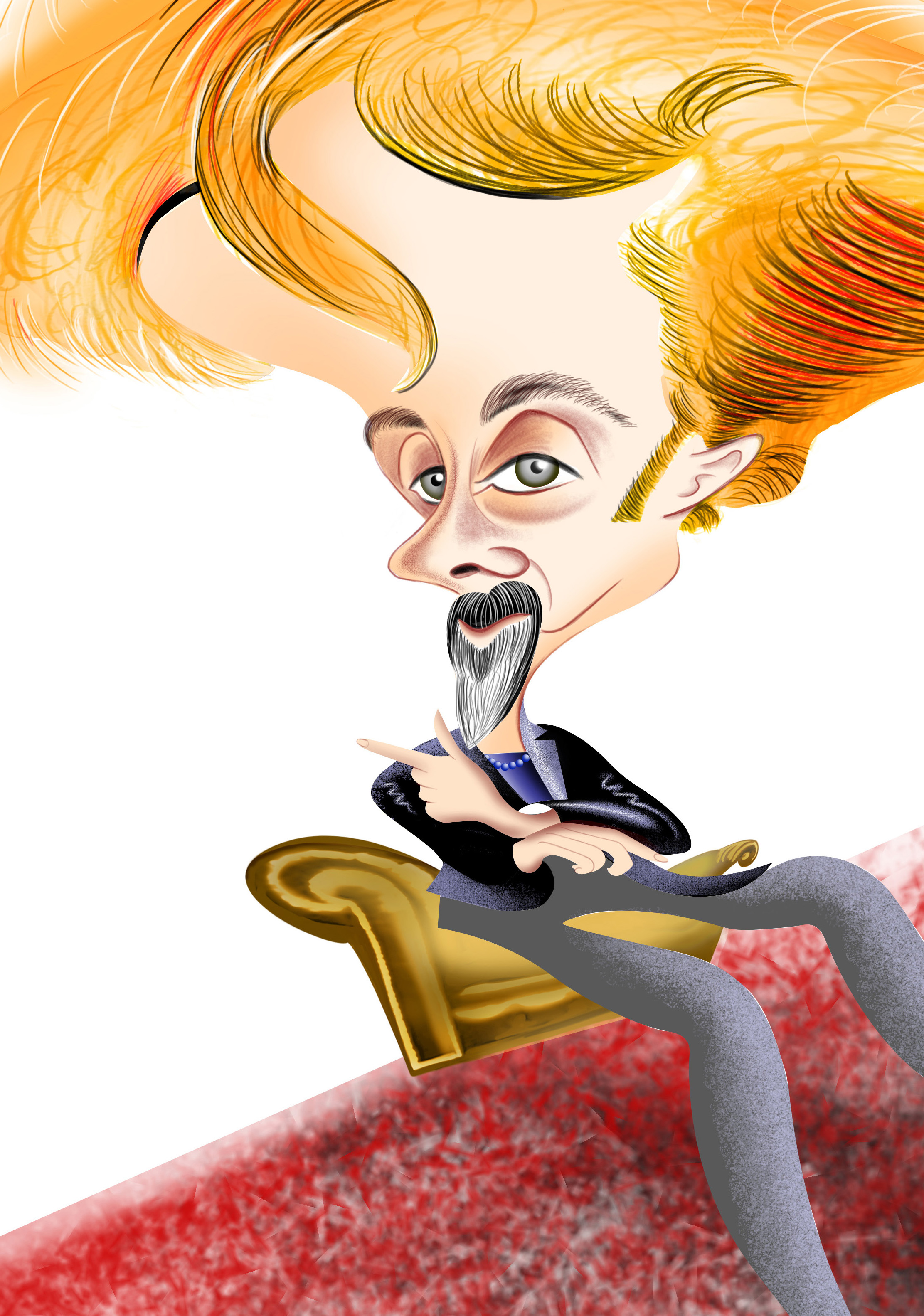 Caricature illustration. He is sitting in a light brown sofa.