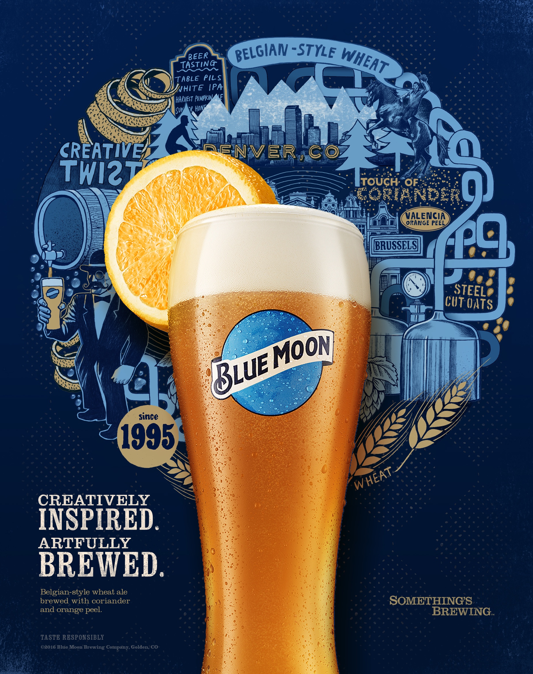 Graphic poster of Blue Moon beer product. Beer product is composed in front of an embellished graphic circle of hand drawn illustrations depicting the brewing processes. 