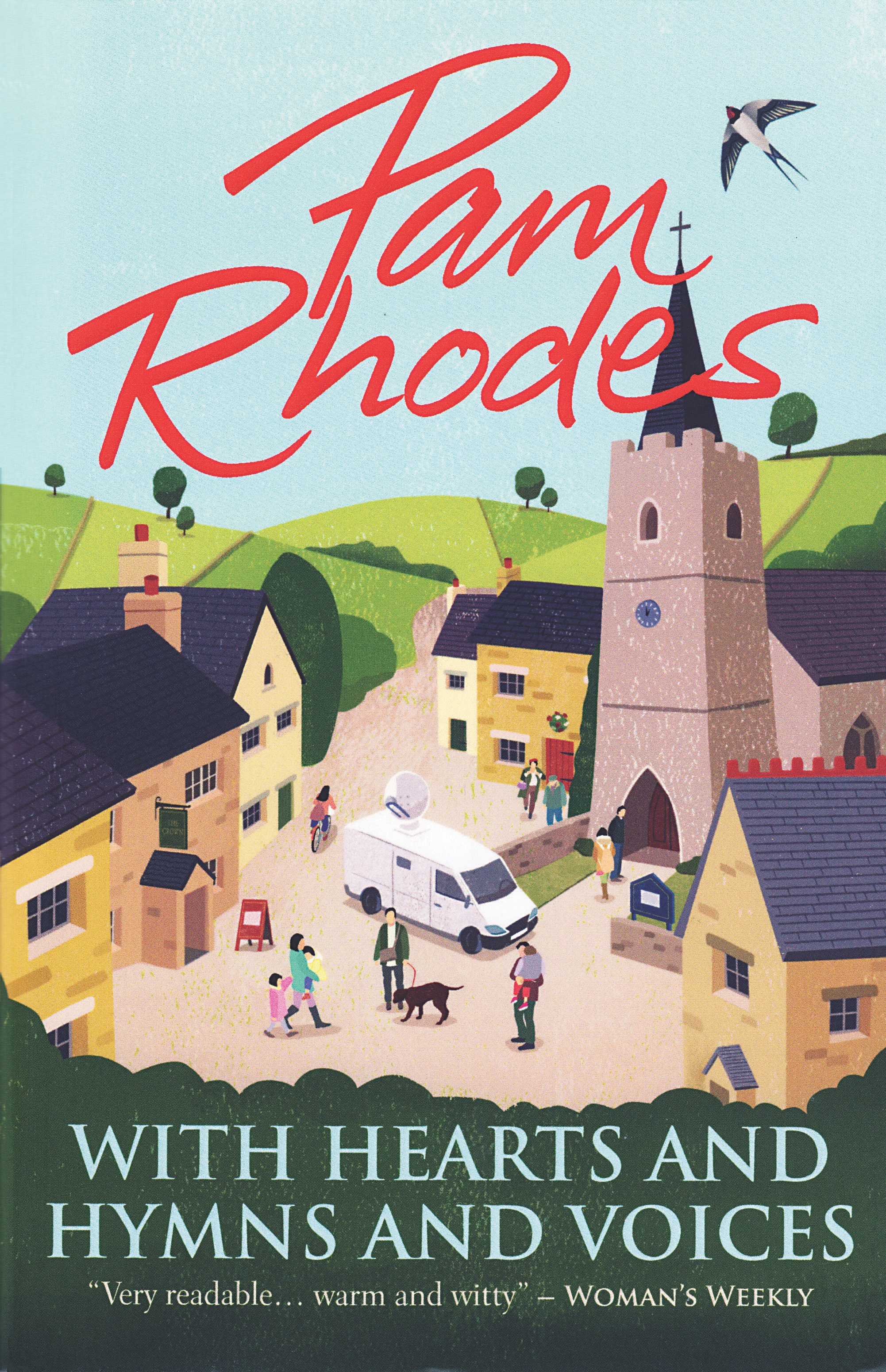 Colourful graphic vintage/retro style book cover illustration for a novel by by Pam Rhodes. Themes of BBC Songs of Praise, Sunday service, small idyllic Suffolk village, mystery and drama. 