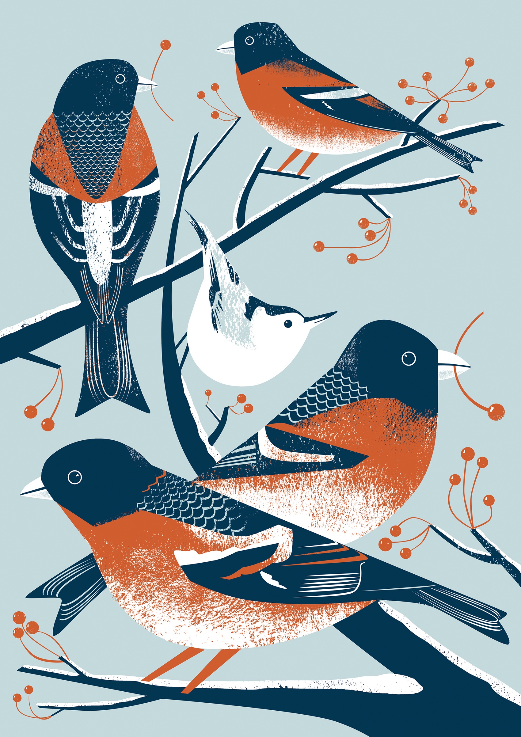 Bold and colourful graphic vintage/retro style illustration of birds on branches. Collaboration with Print Club London and Farrow & Ball, screen printed.