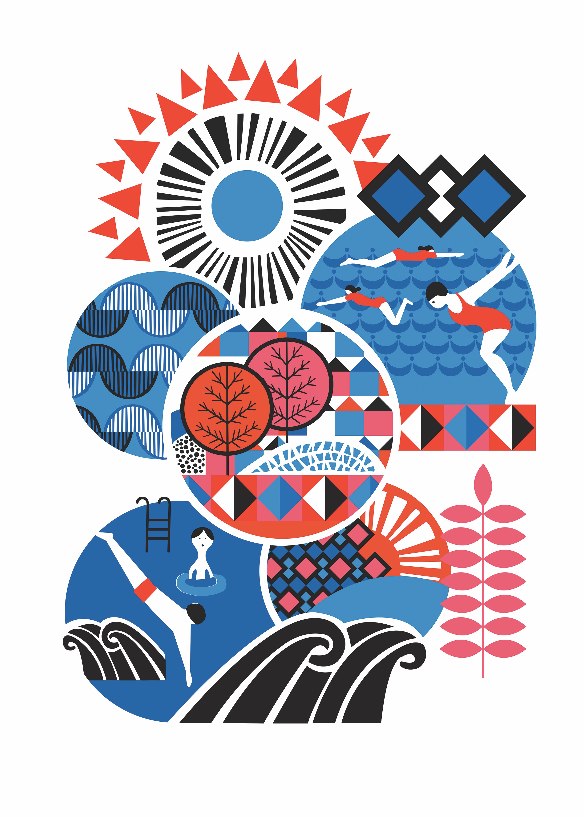 Bold, colourful contrasting geometric style graphic illustration of pool divers in nature. Patterned geometric shapes used. 