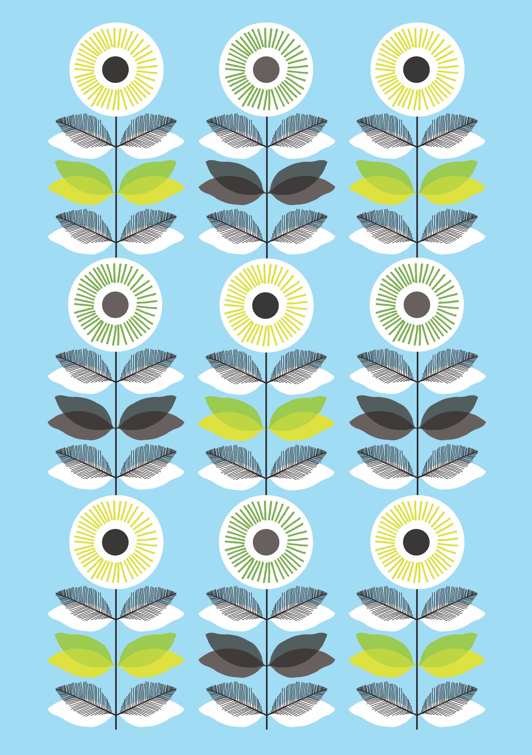 Bold, colourful geometric style graphic illustration of sunflowers in a pattern. 
