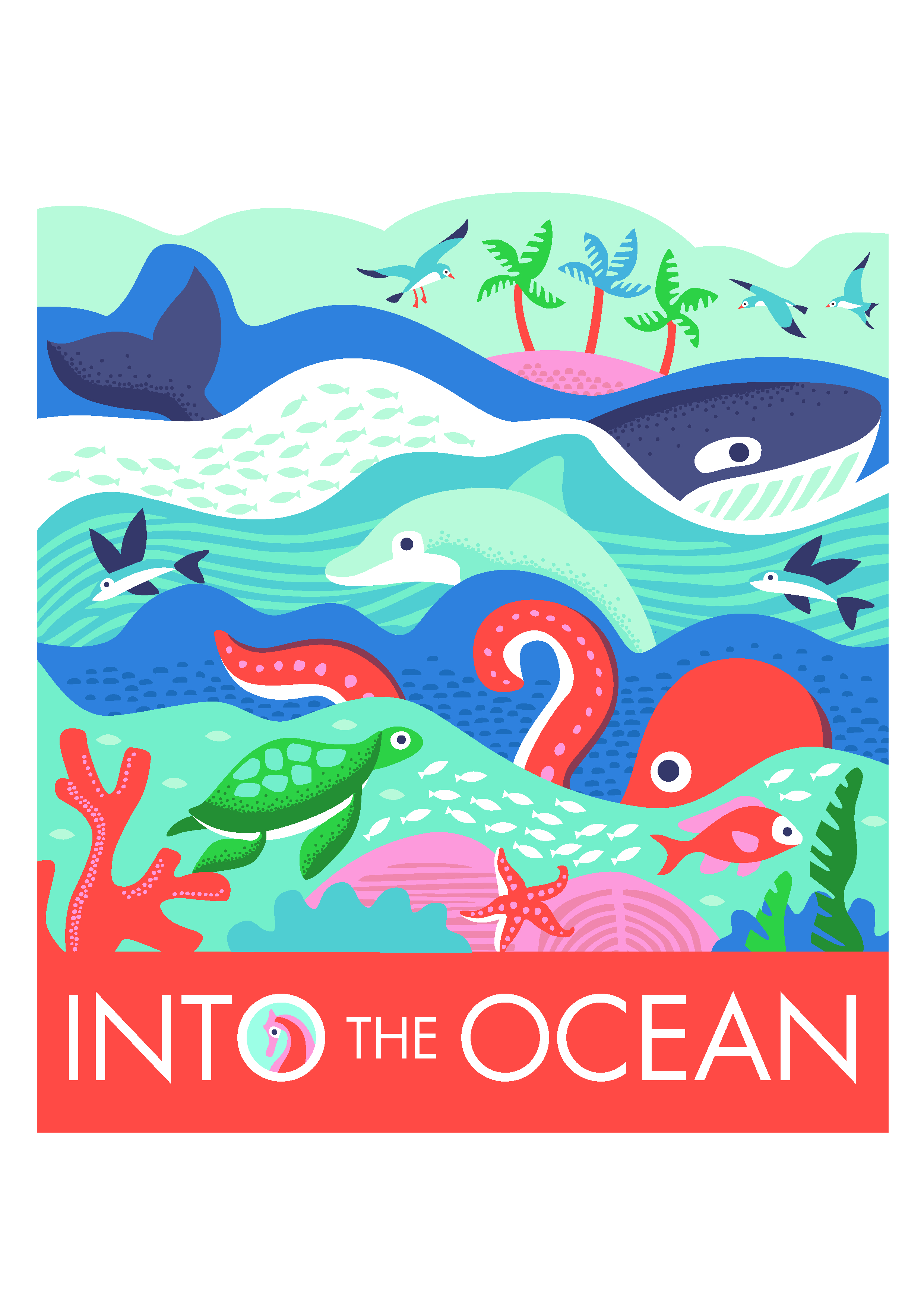 Illustrated cover of "Into The Ocean" a book for pre-school children.
