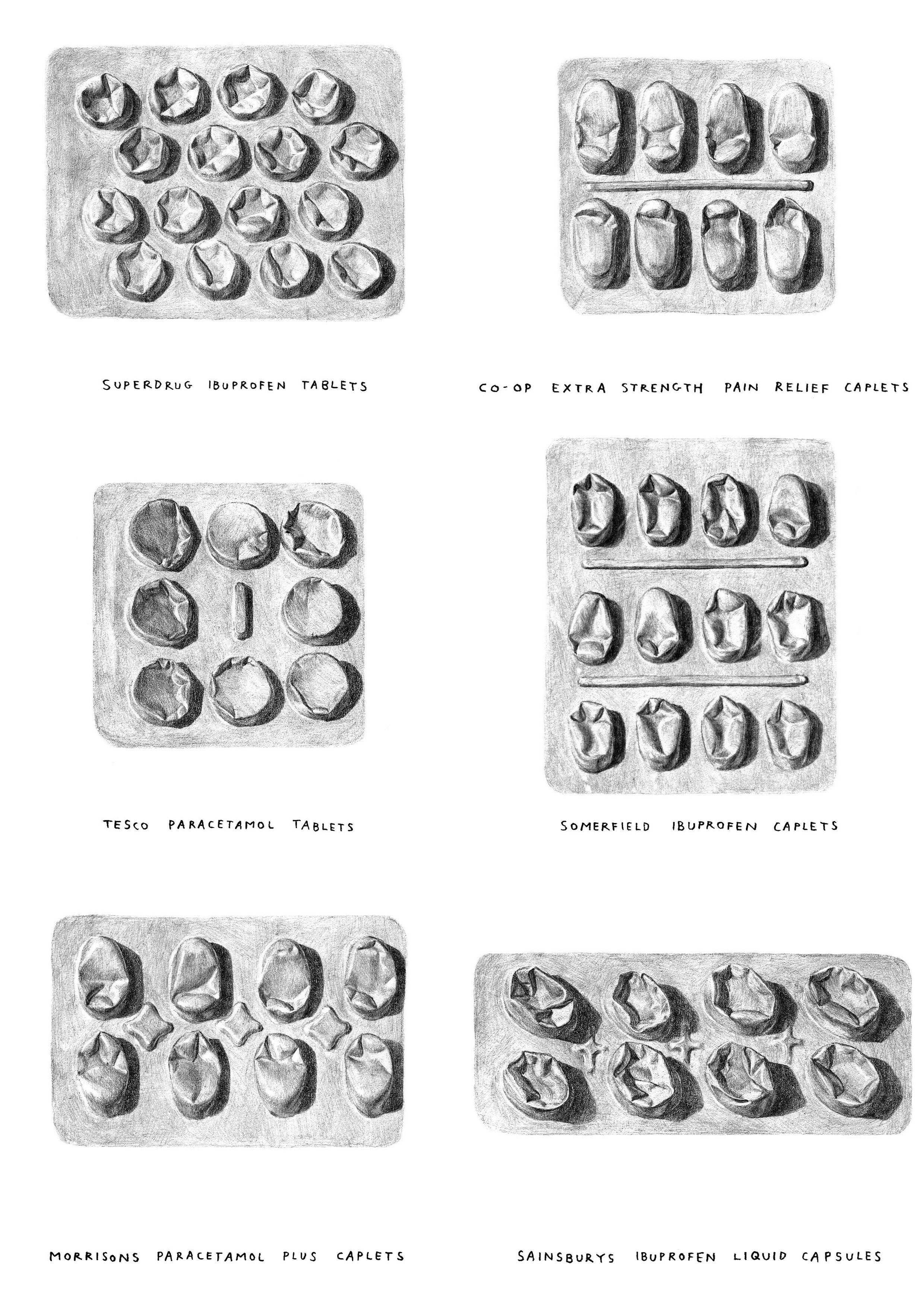 Realistic graphic illustration of pill packets 'high street pain relief' featured in a 200 page book containing ten years of sketchbook diary pages. 'No Bulb in my lamp' Personal project