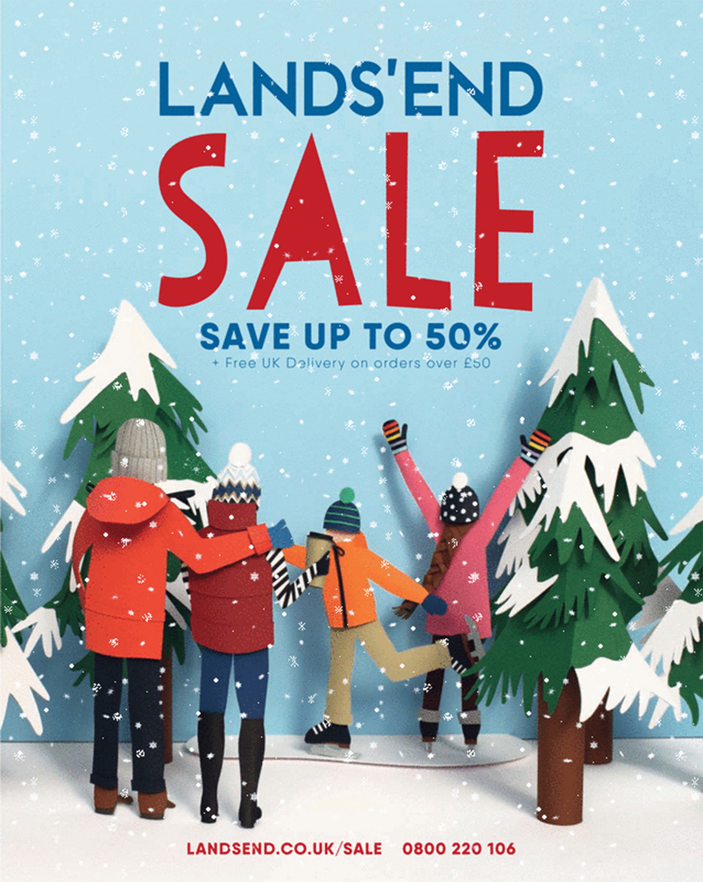 Colourful 3D paper sculpture of      a winter family scene for a poster for Land's End Winter Sale. 