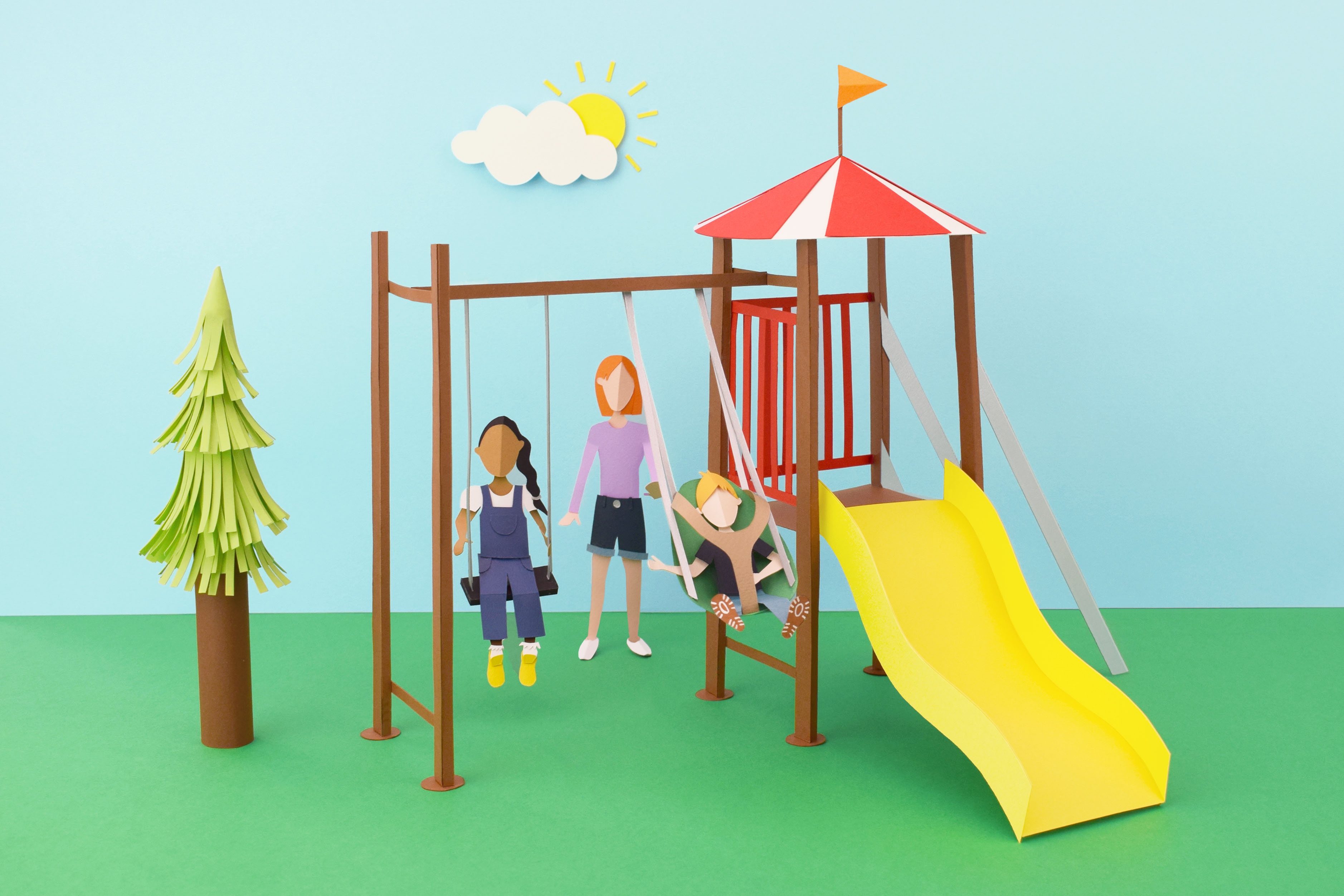 Colourful 3D paper sculpture of         a playground scene with family on the swings for Kindercare 2017 editorial magazine. Used for web, blog and print. Children, family, leisure, lifestyle. 