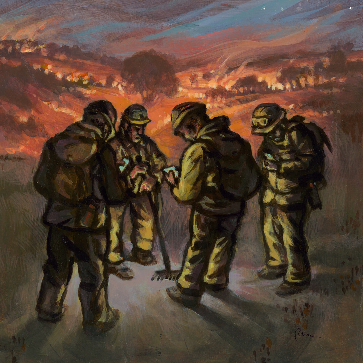 Narrative painting of firefighters taking a break from fighting Northern California fires.