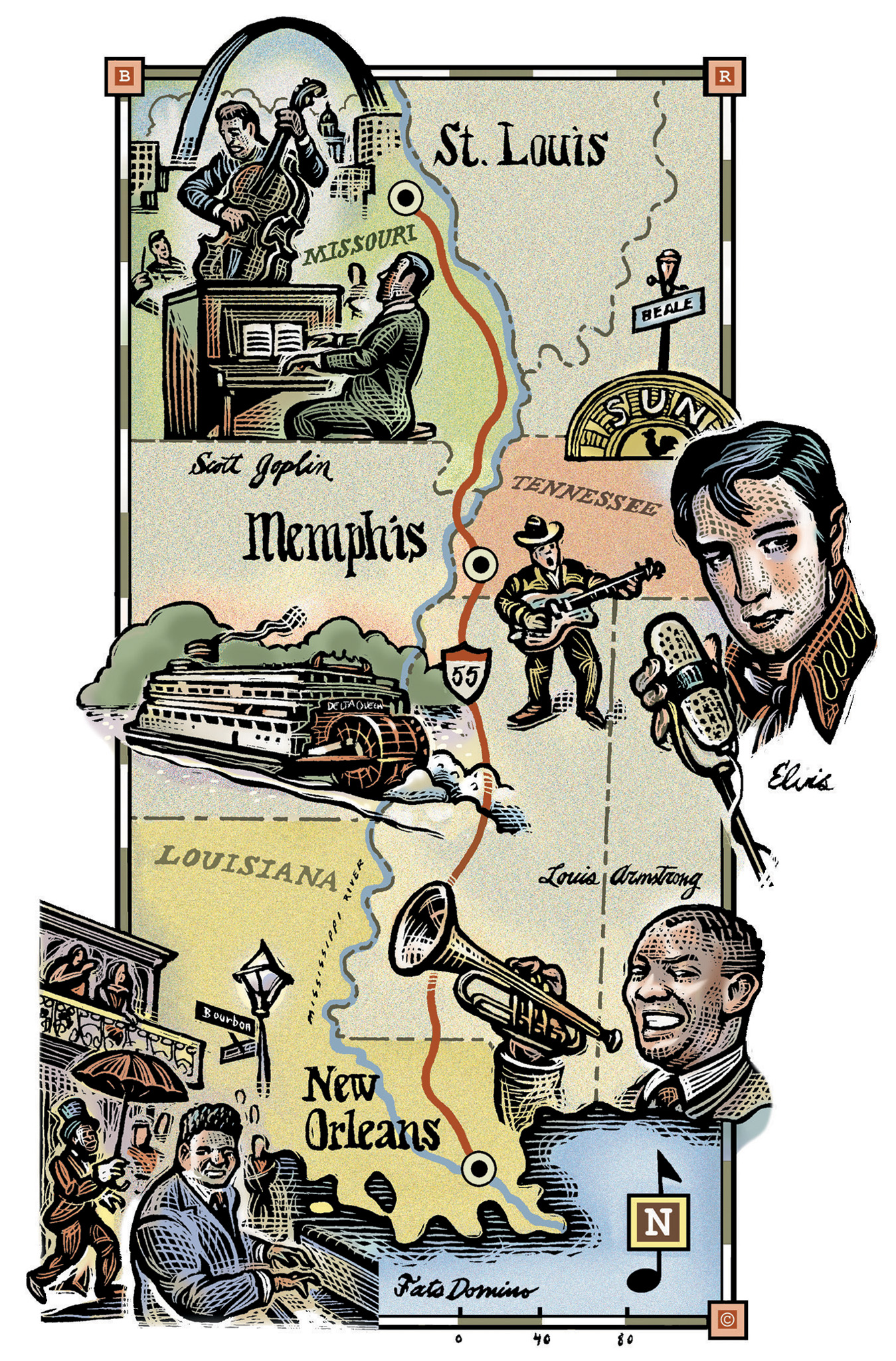 Illustrated Map of Highway 55 and the musicians that traveled along it.