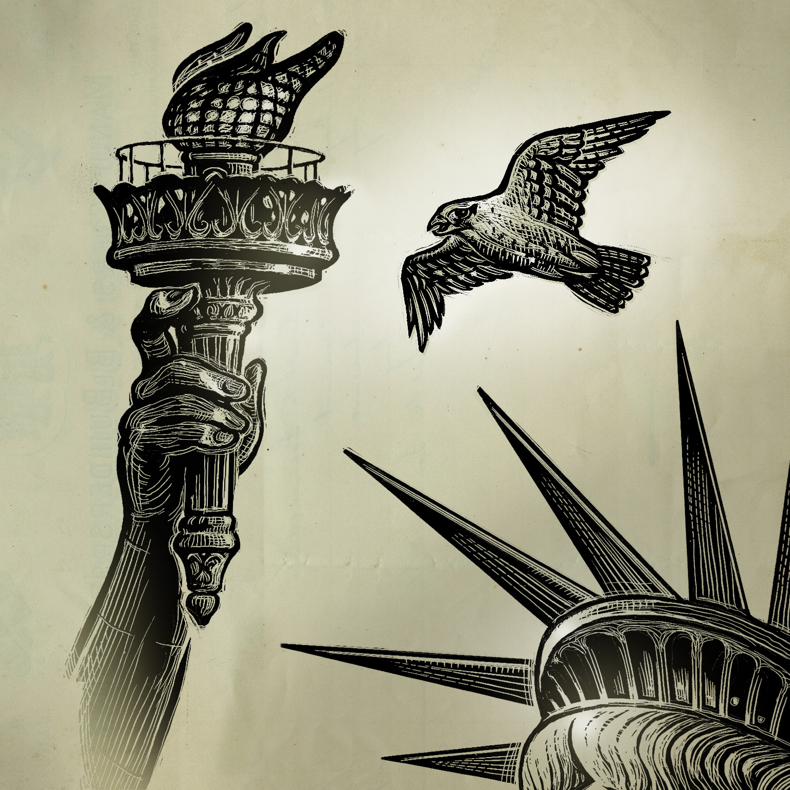 Scratchboard illustration of a peregrine falcon flying by the Statue of Liberty for Peregrine. Investments Ads