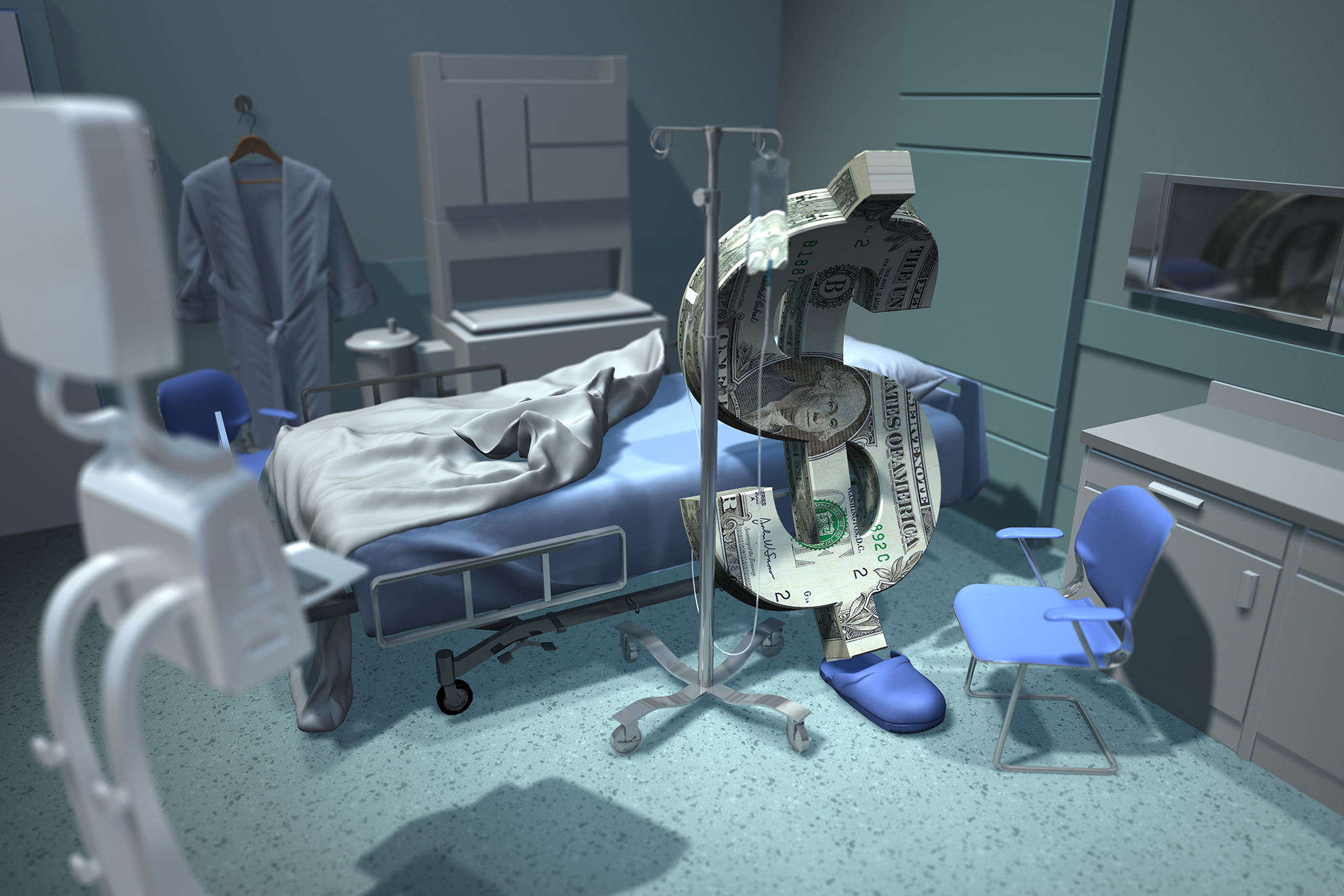 A 3D illustration of a US Dollar about to take a walk in the hospital.