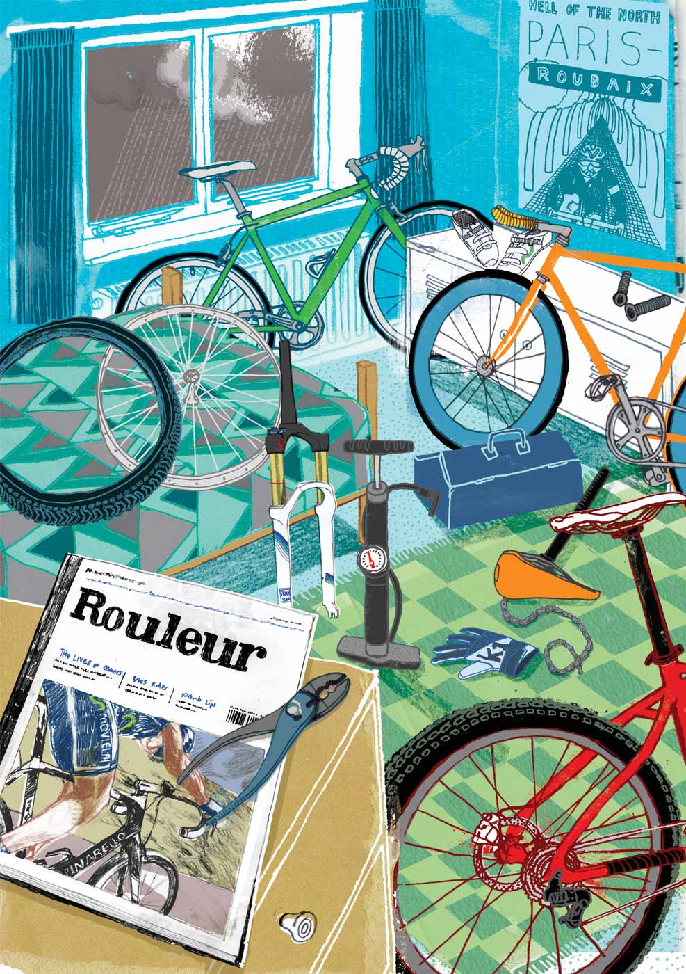 Artwork illustrating bicycles stored in bedroom